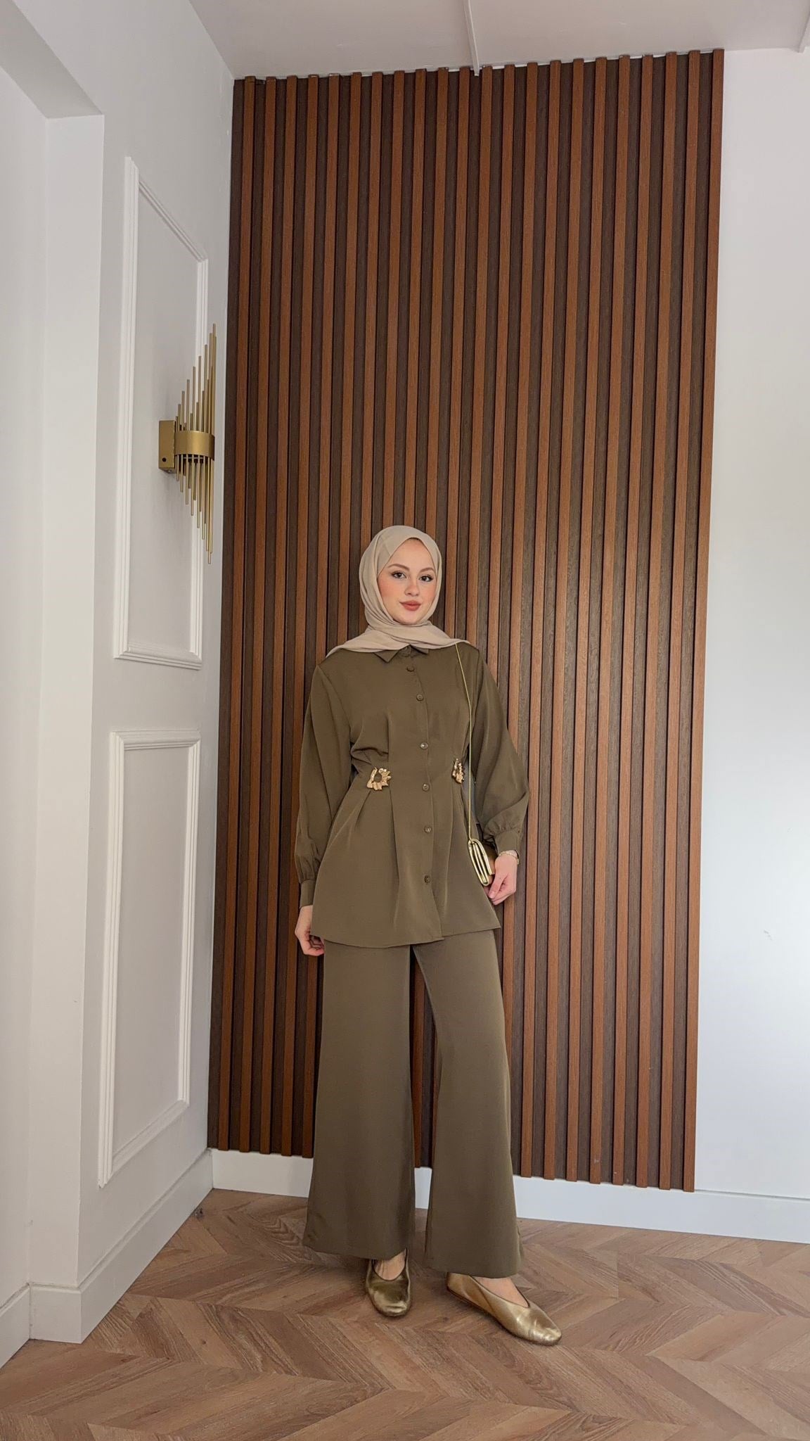 MEYSA PANTOLON TAKIM Dia Gold Detaylı Krep Takım Yağ Yeşili