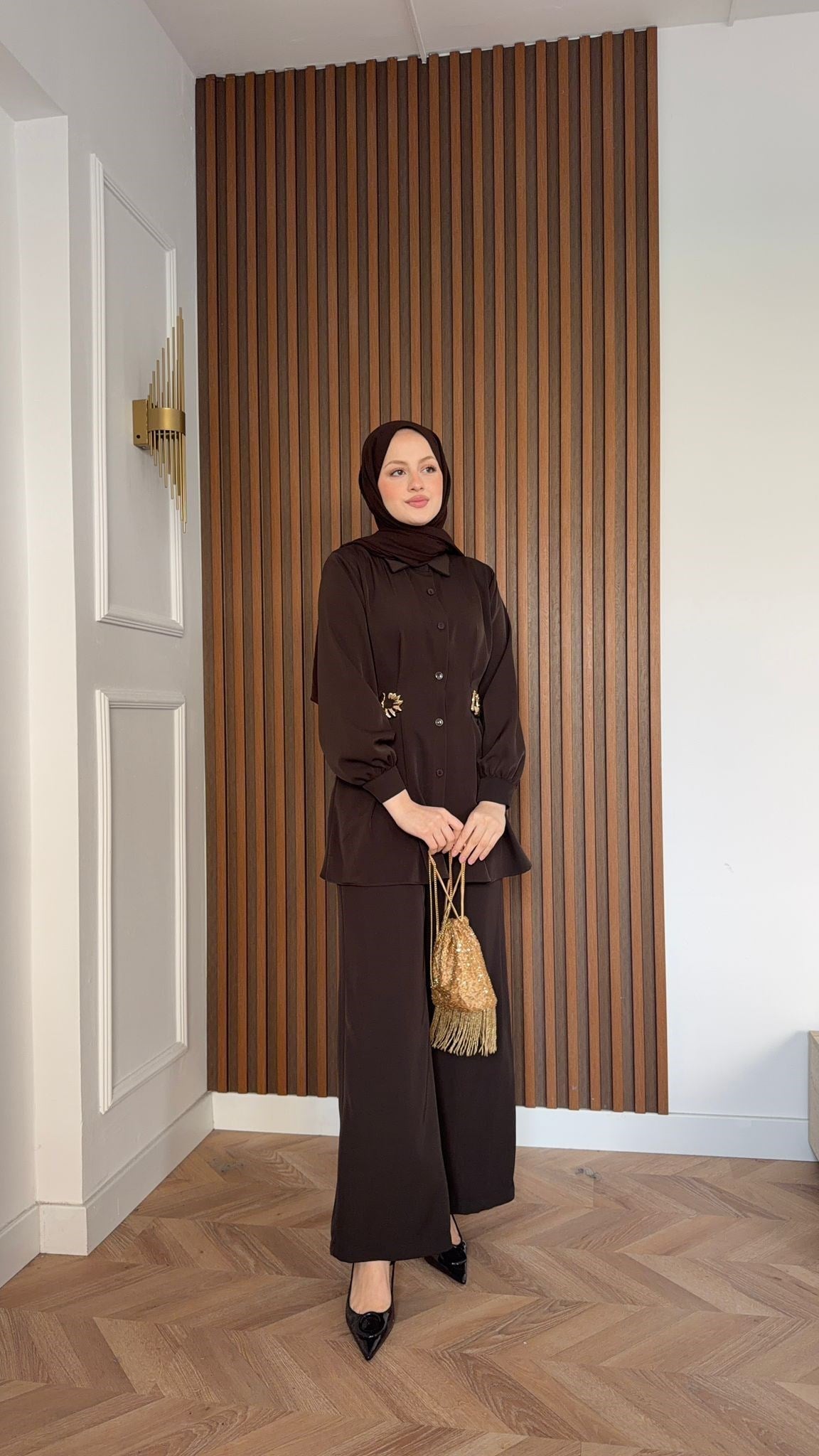 MEYSA PANTOLON TAKIM Dia Gold Detaylı Krep Takım Acı Kahve