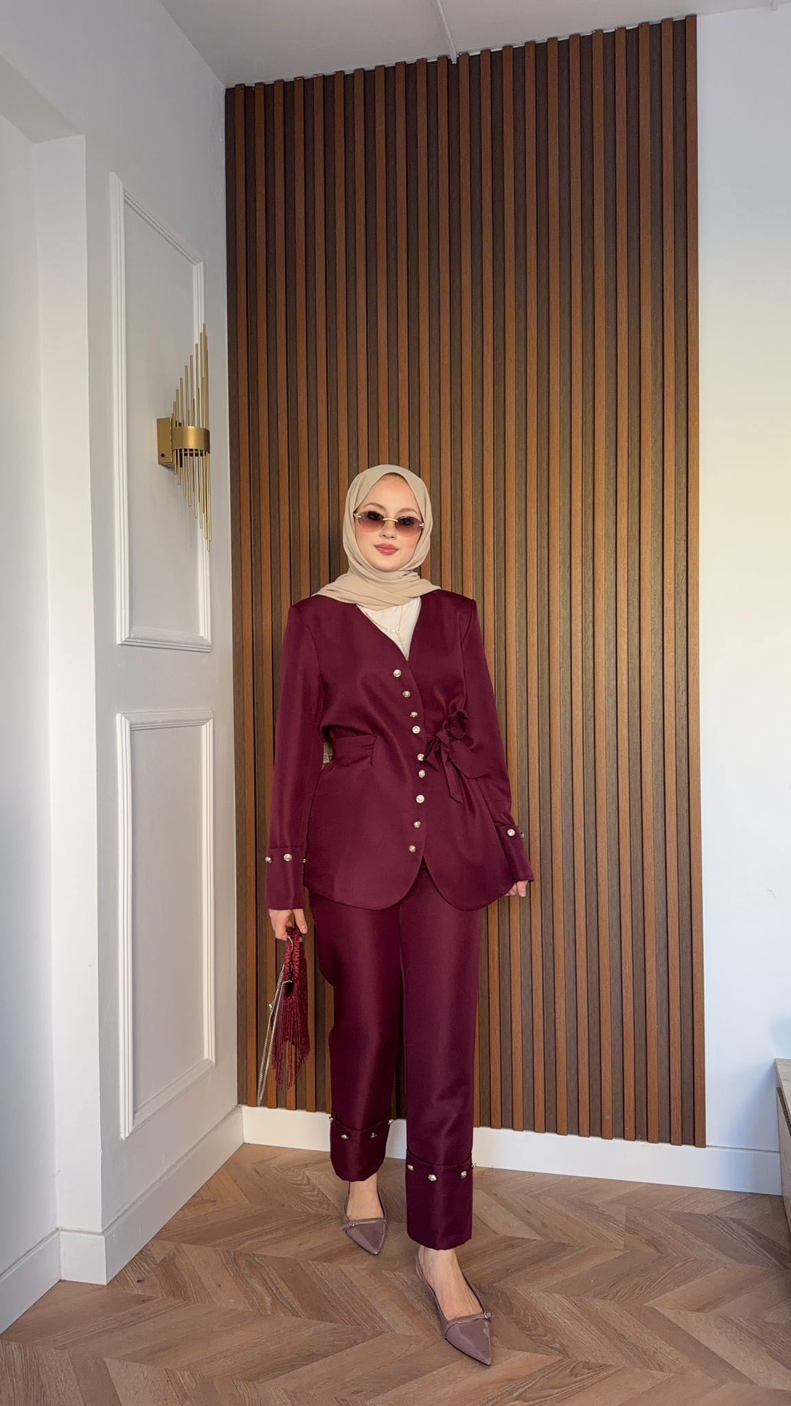 MEYSA PANTOLON TAKIM Diva Gümüş Aksesuarlı Ceket Takım Bordo