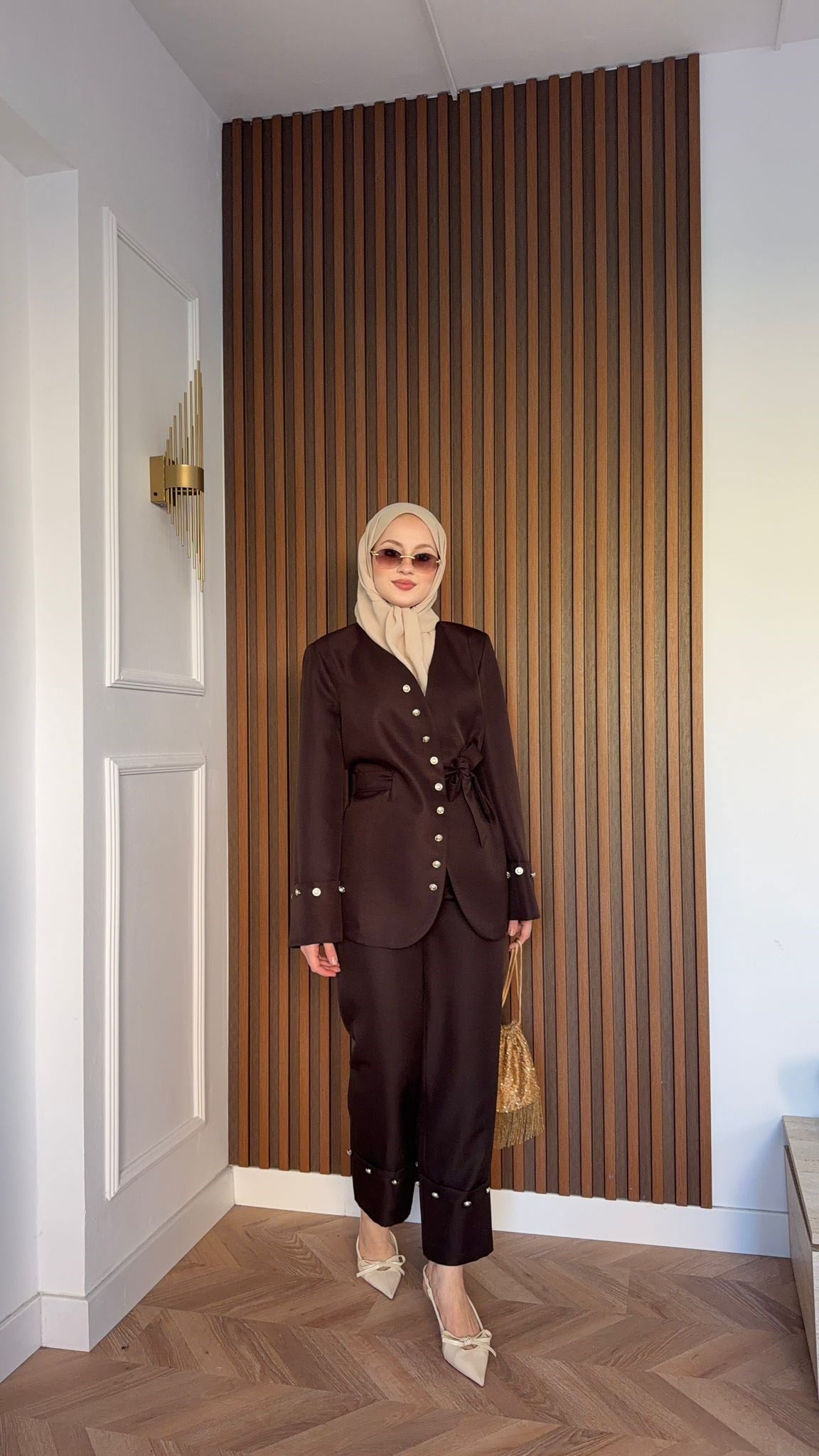 MEYSA PANTOLON TAKIM Diva Gümüş Aksesuarlı Ceket Takım Acı Kahve