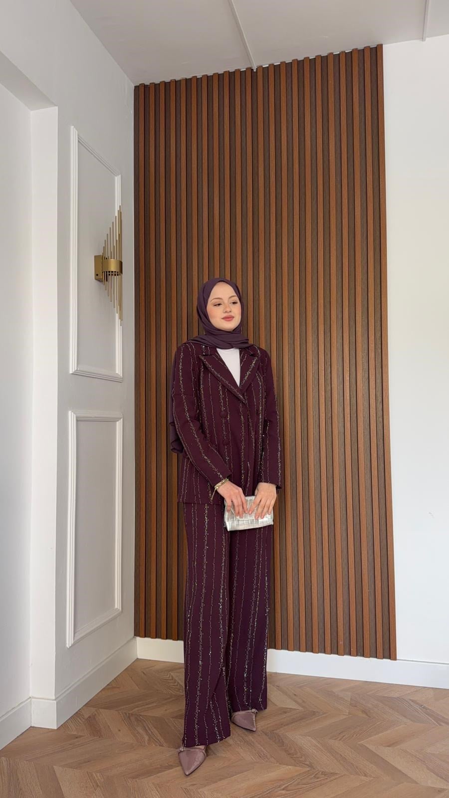 MEYSA PANTOLON TAKIM Efsun Taşlı Blazer Ceket Takım Mürdüm