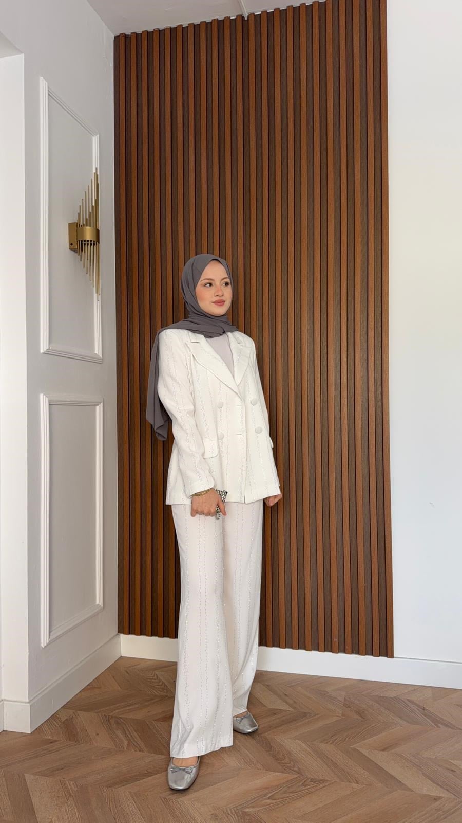 MEYSA PANTOLON TAKIM Efsun Taşlı Blazer Ceket Takım Beyaz