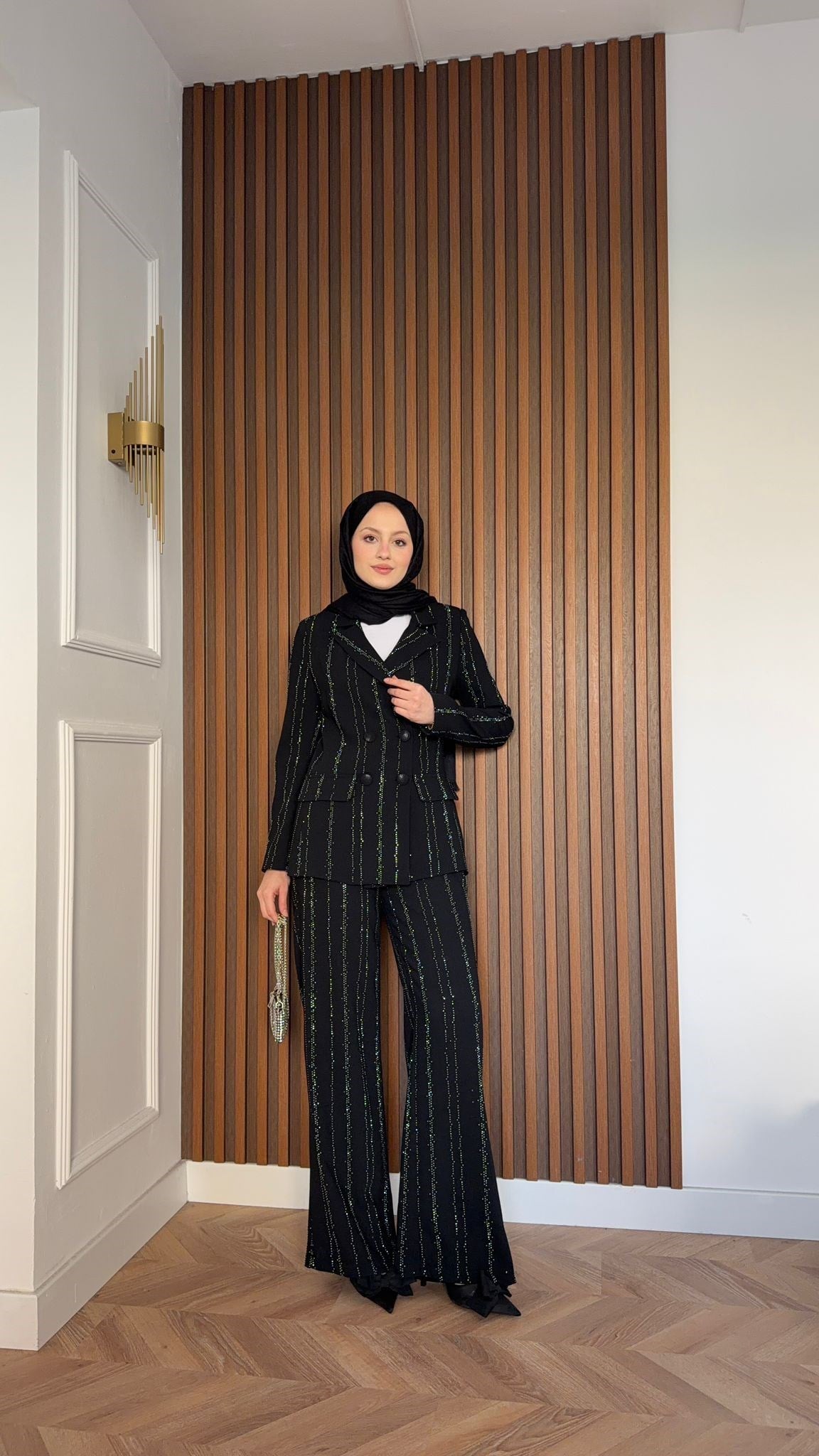 MEYSA PANTOLON TAKIM Efsun Taşlı Blazer Ceket Takım Siyah