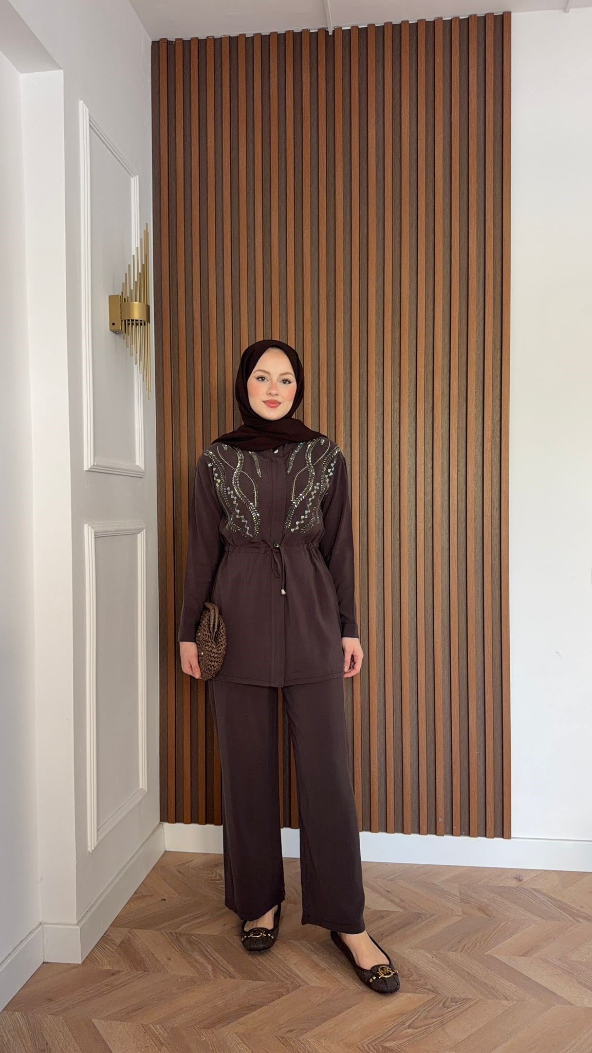 MEYSA PANTOLON TAKIM Özel Taş İşlemeli Tensel Pantolonlu Takım Acı Kahve