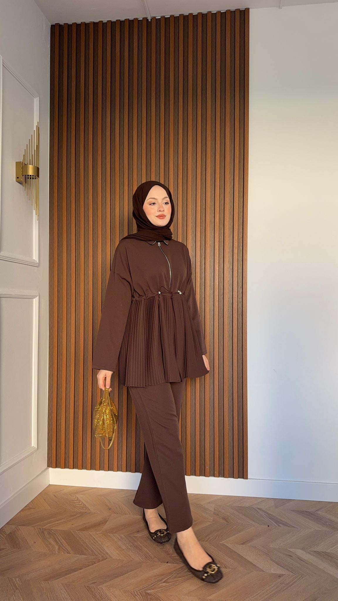 MEYSA TROUSER SETS Piliseli Krep Pantolonlu Takım Acı Kahve