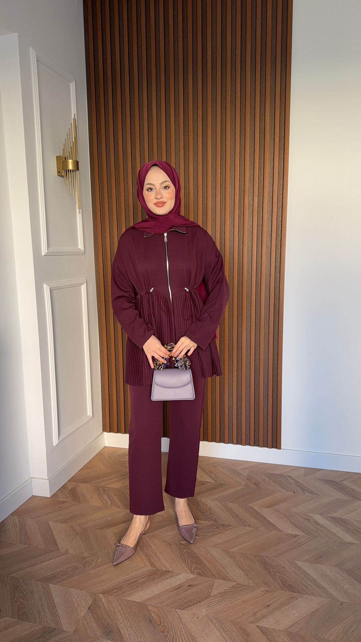 MEYSA TROUSER SETS Piliseli Krep Pantolonlu Takım Bordo