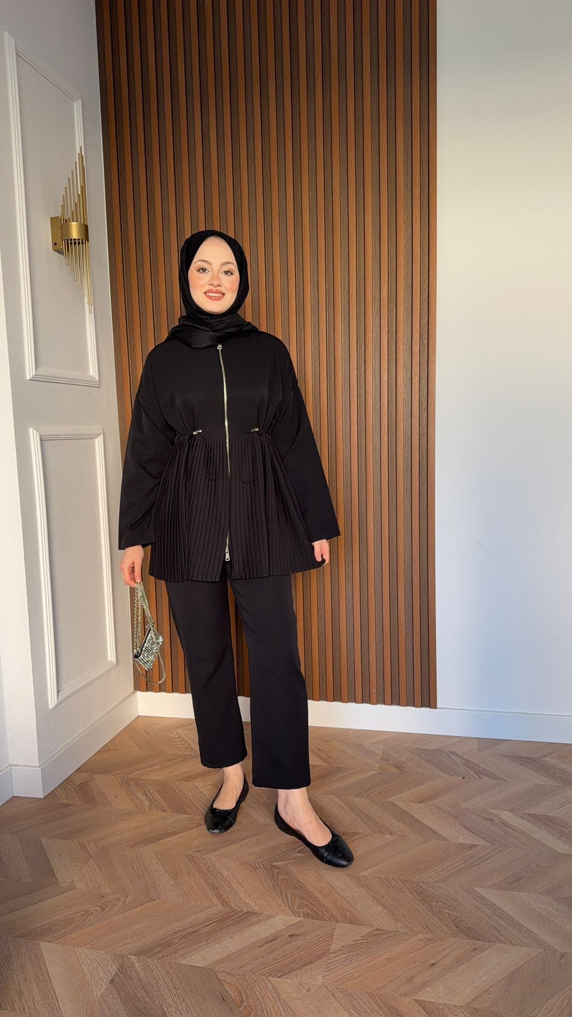 MEYSA TROUSER SETS Piliseli Krep Pantolonlu Takım Siyah