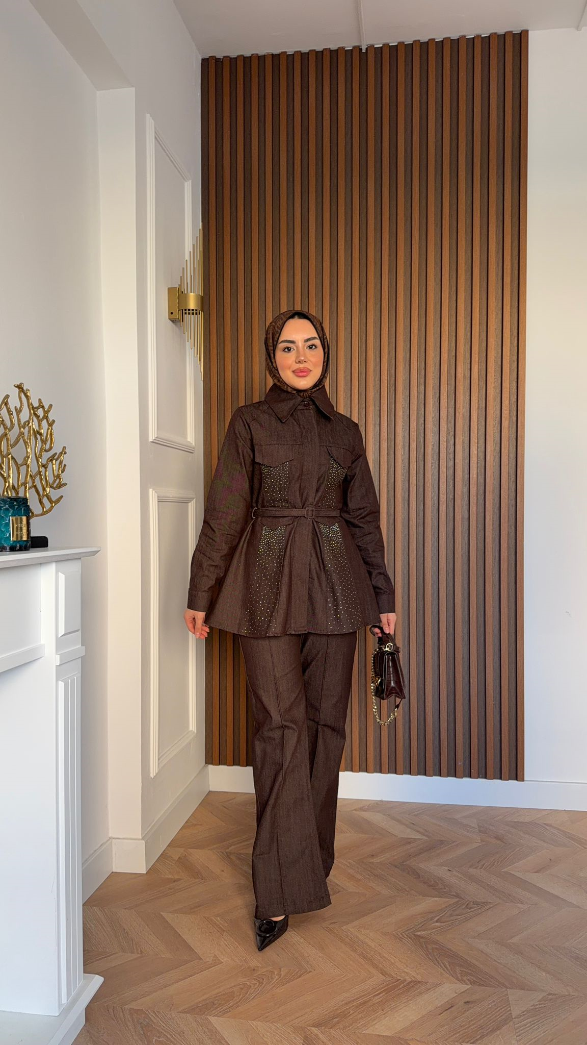 MEYSA TROUSER SETS Taş Baskılı Kemerli Denim İkili Takım Bordo