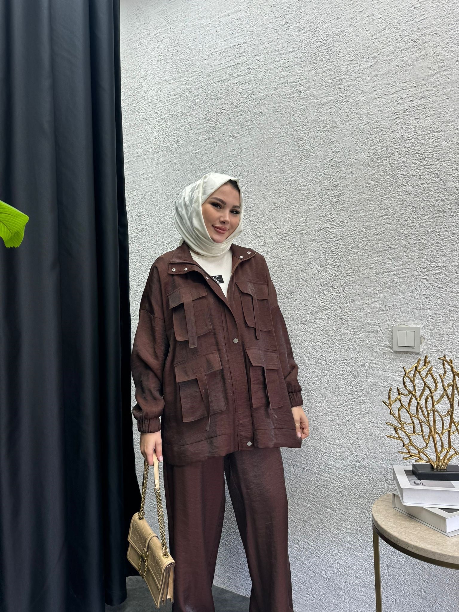 MEYSA PANTOLON TAKIM Tasarım Jakarlı İkili Takım Kahve