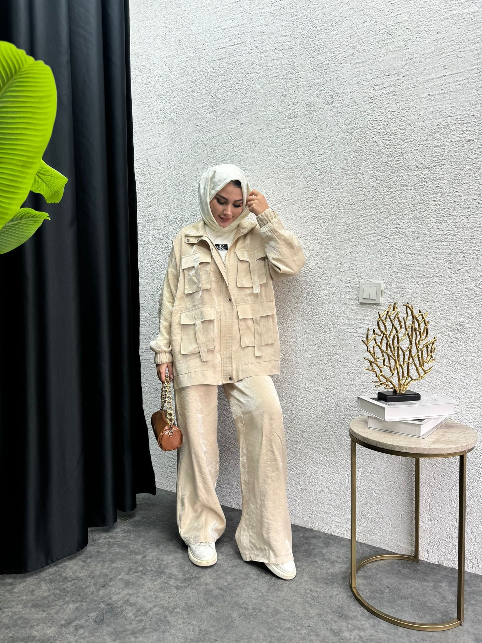 MEYSA PANTOLON TAKIM Tasarım Jakarlı İkili Takım Bej