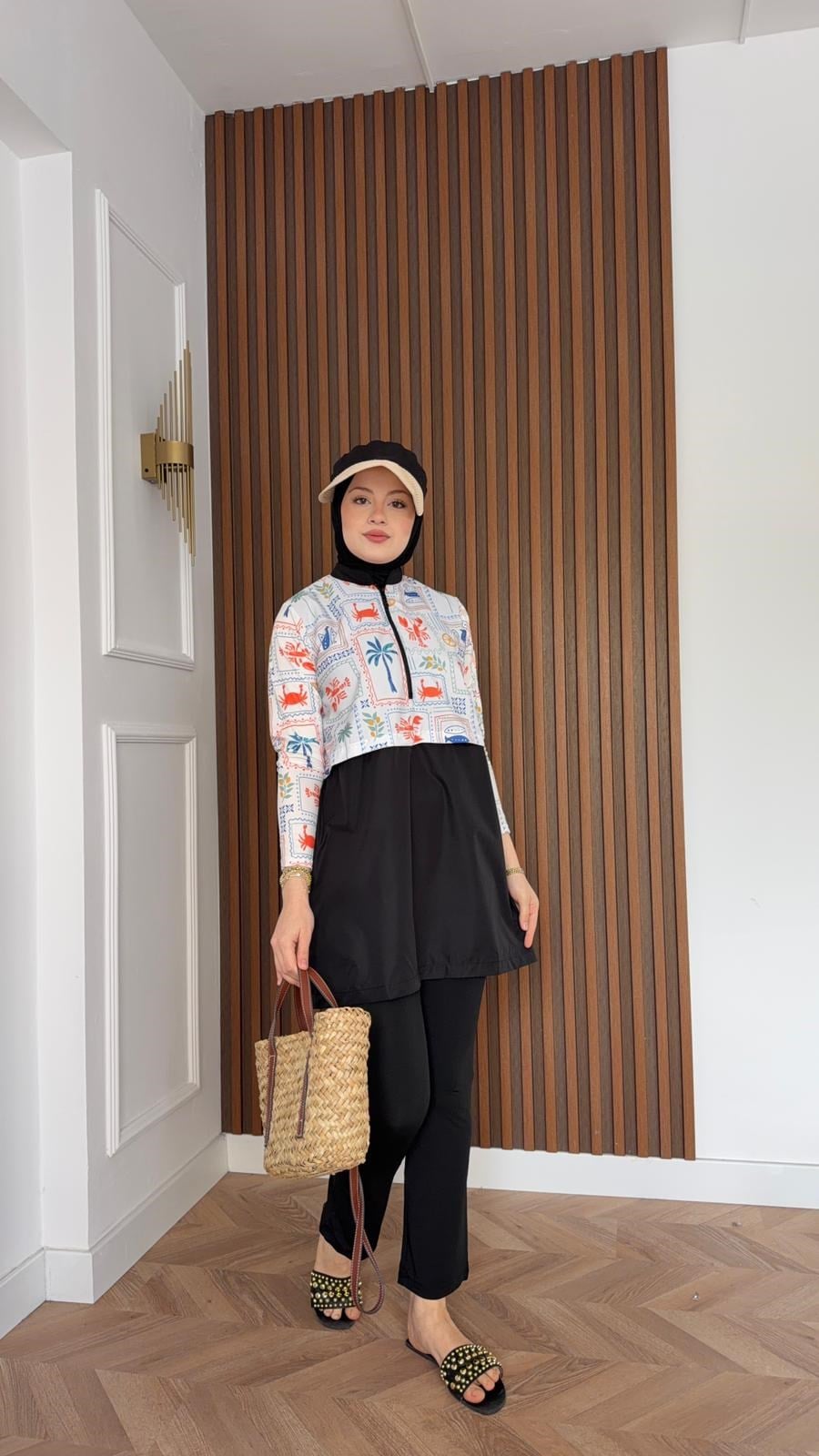 MEYSA TESETTÜR MAYO 2965-Deniz Desenli Üçlü Tesettür Mayo Seti