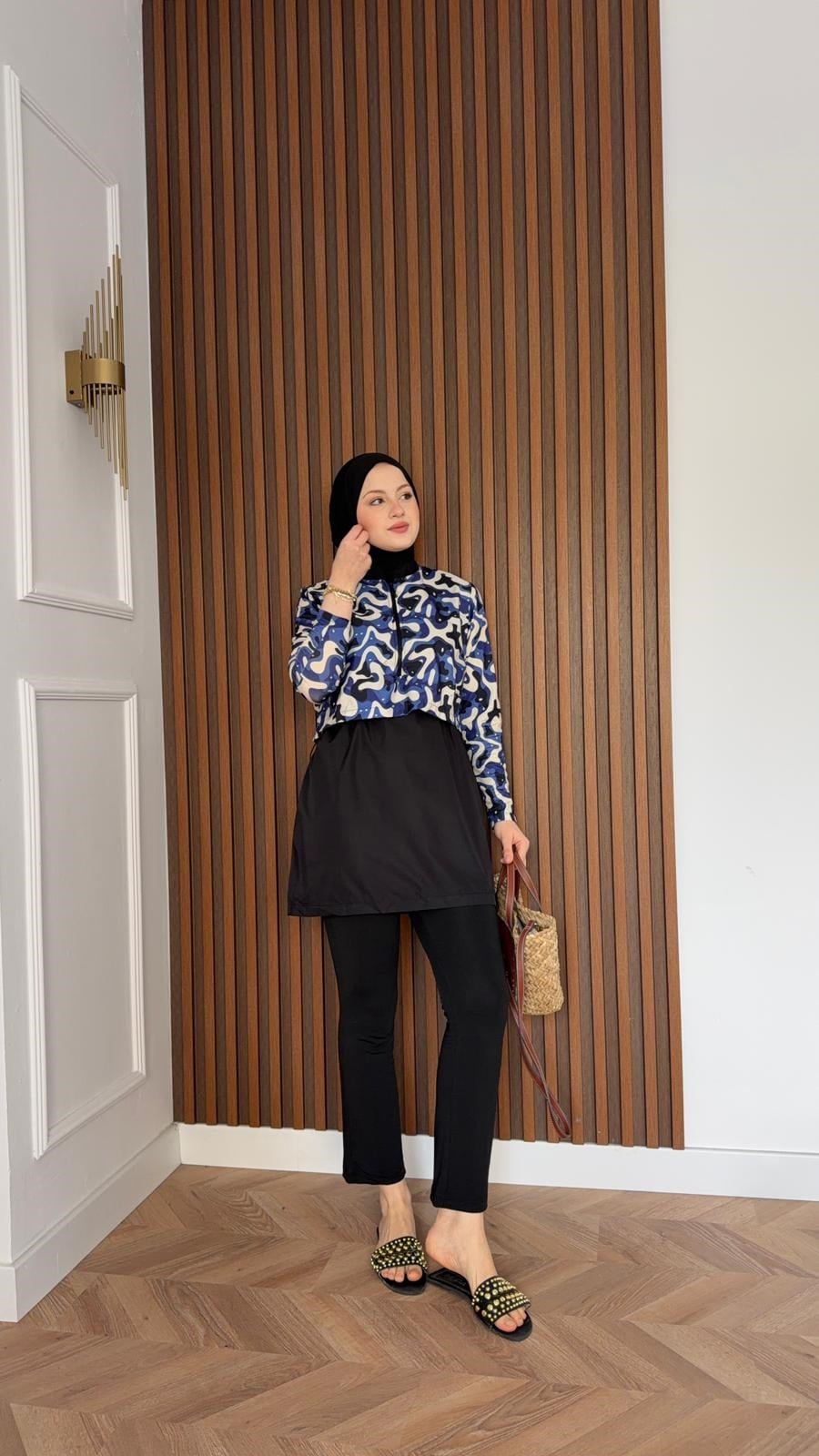 MEYSA TESETTÜR MAYO 2965-Lacivert Desenli Üçlü Tesettür Mayo Seti