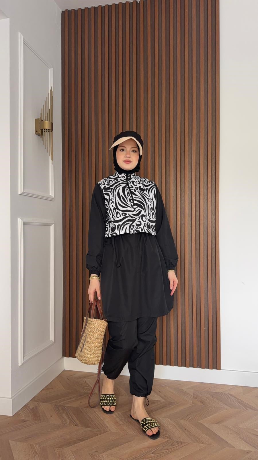 MEYSA MODEST SWIMSUIT 3010-Zebra Desen Üçlü Tesettür Mayo Seti