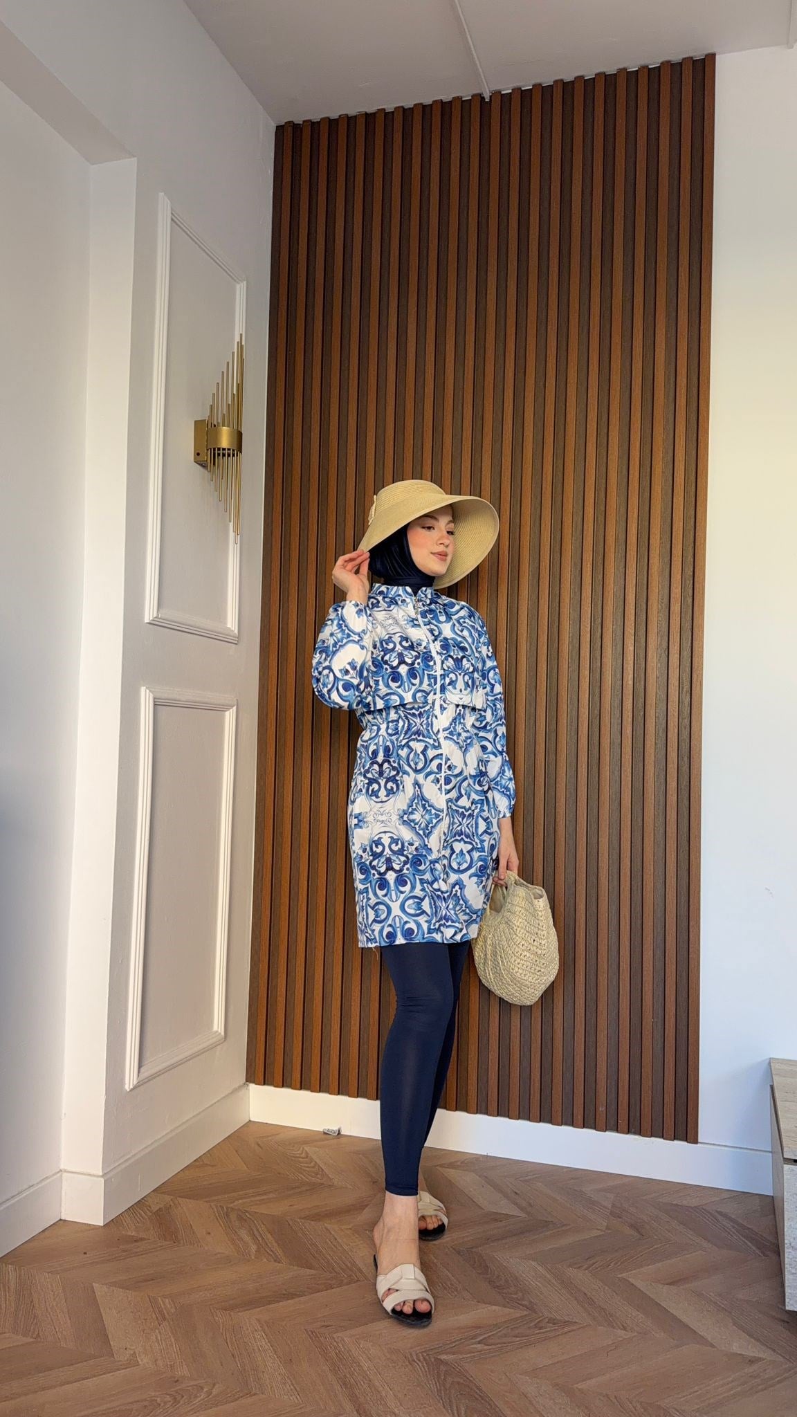 MEYSA TESETTÜR MAYO Mavi Etnik Desenli Üçlü Tesettür Mayo Seti