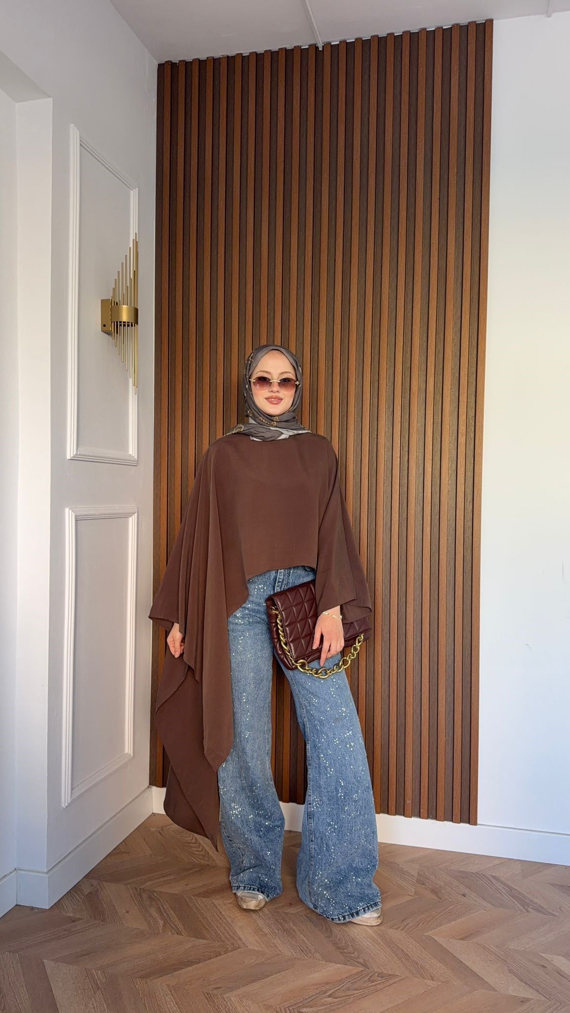 MEYSADESIGN BLUZ Asimetrik Yarasa Kol Bluz Acı Kahve