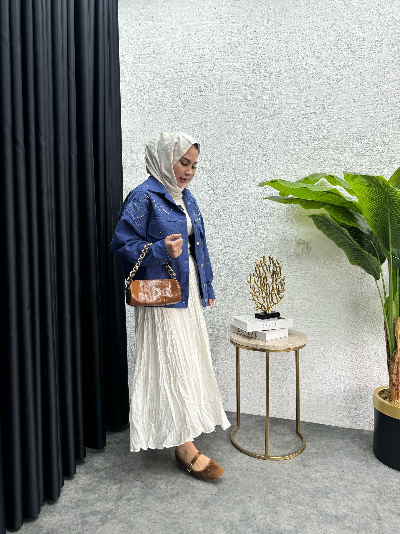 Embroiderylı Droplu Denim Jacket Blue