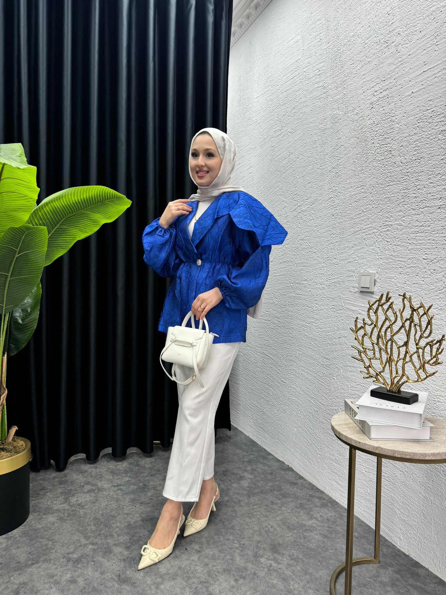 MEYSADESIGN CEKET Taş Düğmeli Yaka Detaylı Premium Tafta Ceket Saks