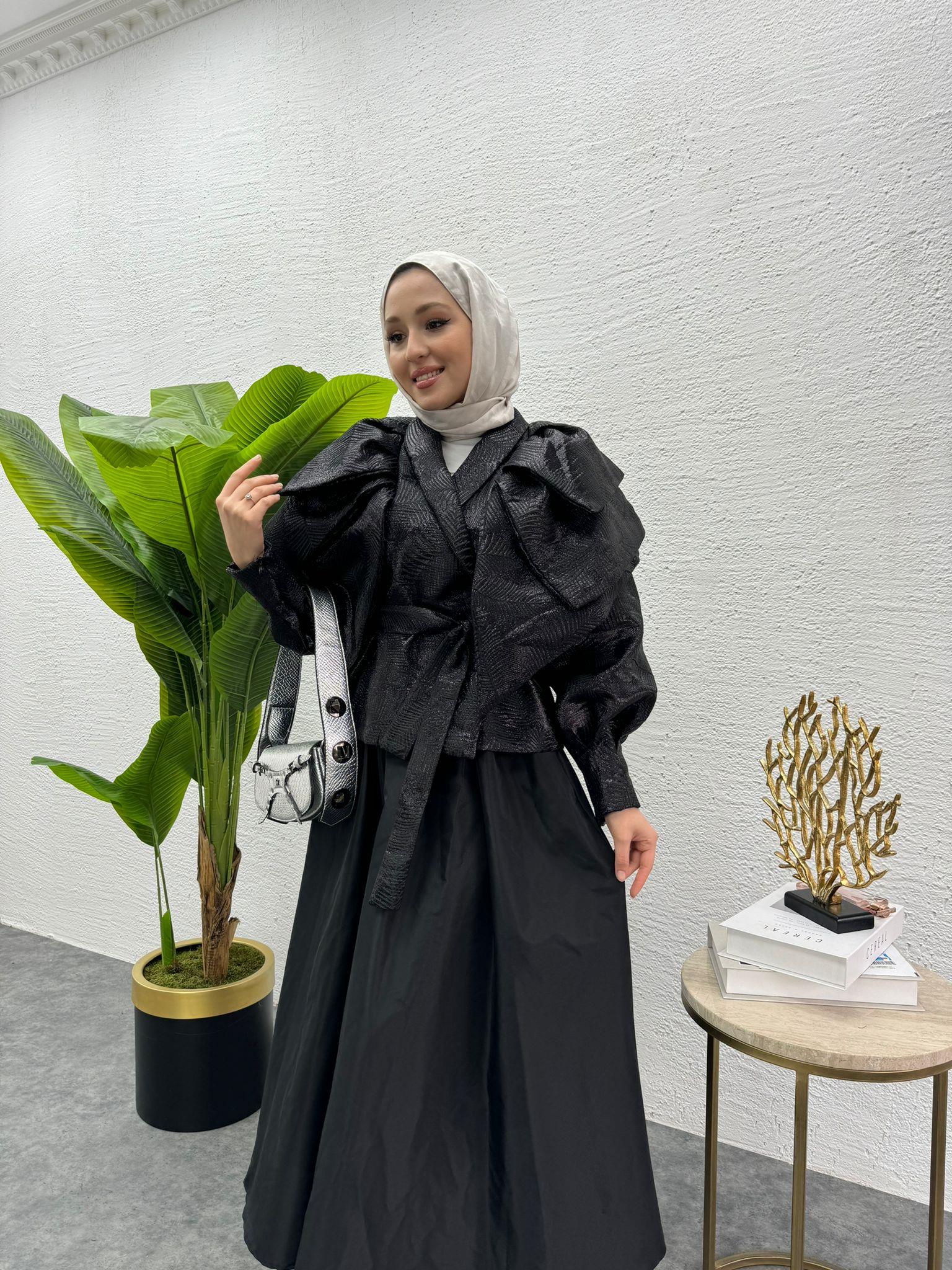 MEYSADESIGN CEKET Volanlı Kısa Tafta Ceket Siyah