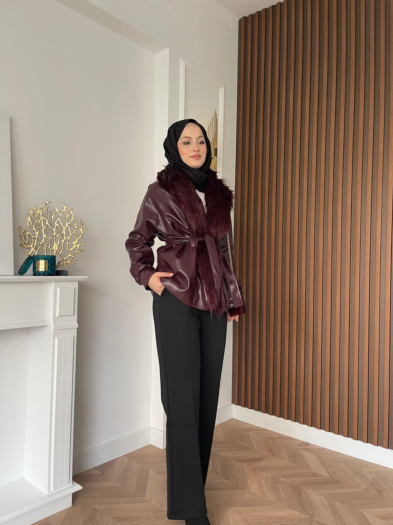 MEYSADESIGN CEKET Wiana Kürklü Deri Ceket Bordo
