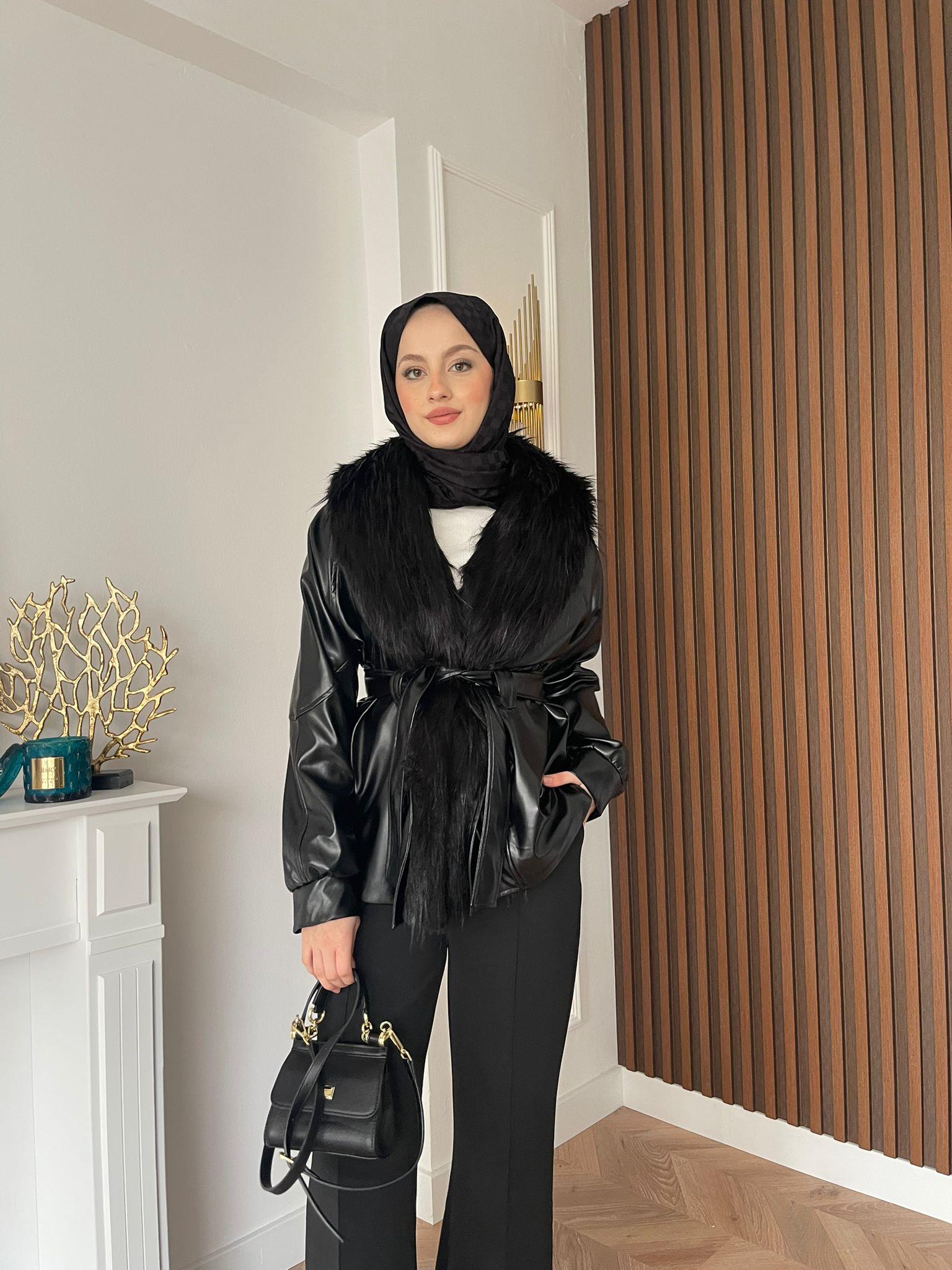 Wiana Furry Leather Jacket Black