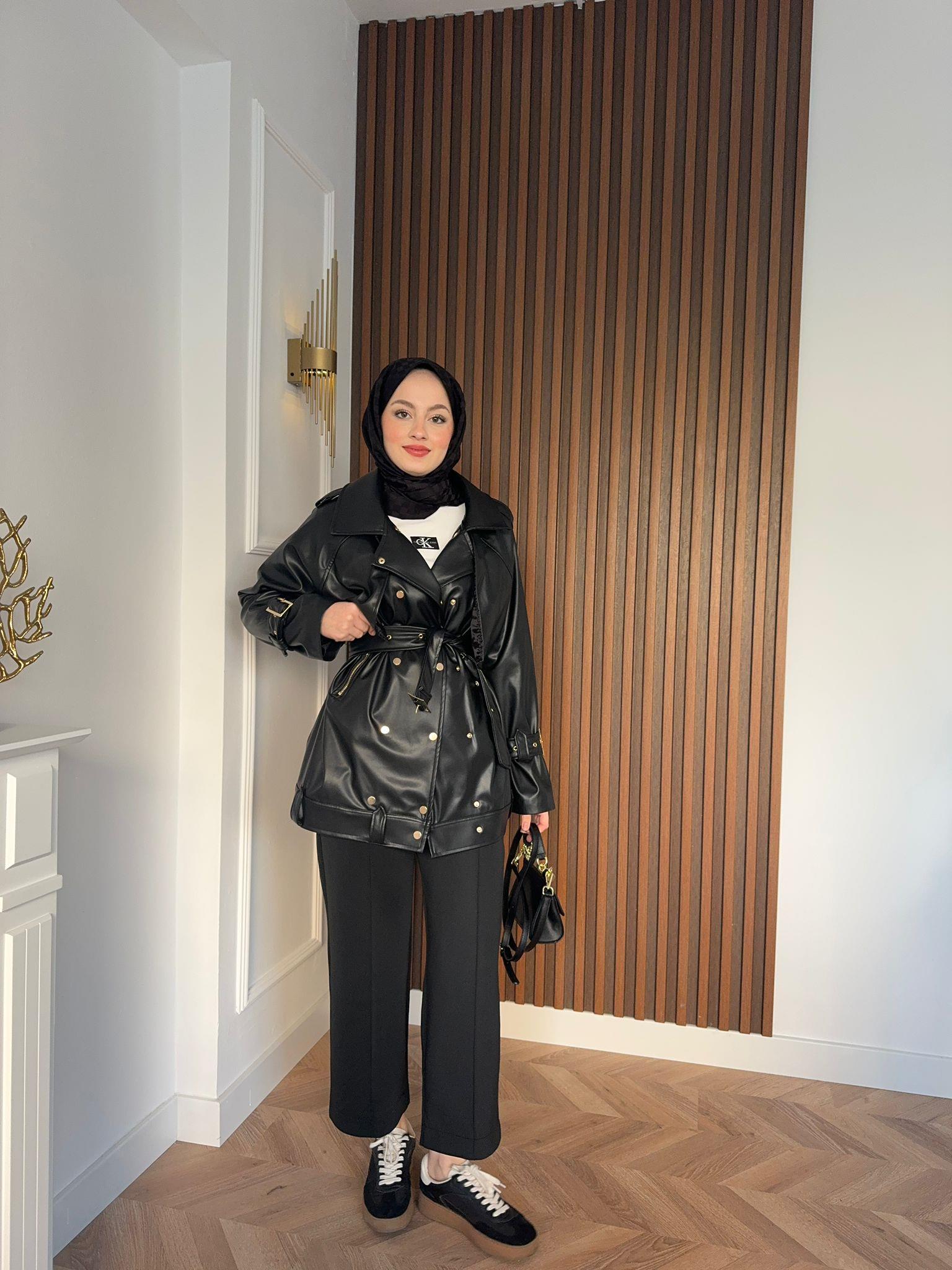 MEYSADESIGN CEKET Zımbalı Seyyar Kemerli Deri Ceket Siyah