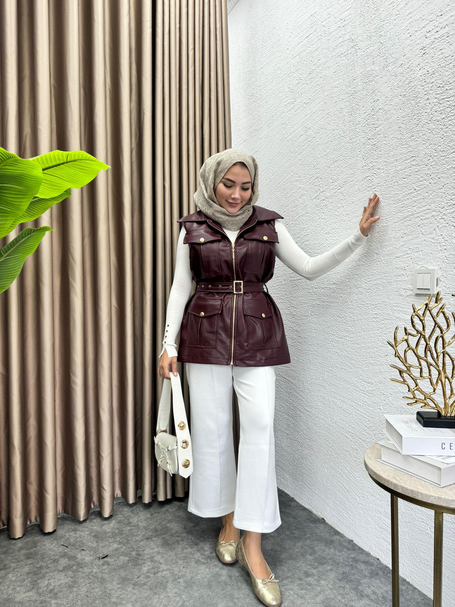 MEYSADESIGN DERİ GİYİM Kemerli Deri Yelek Bordo