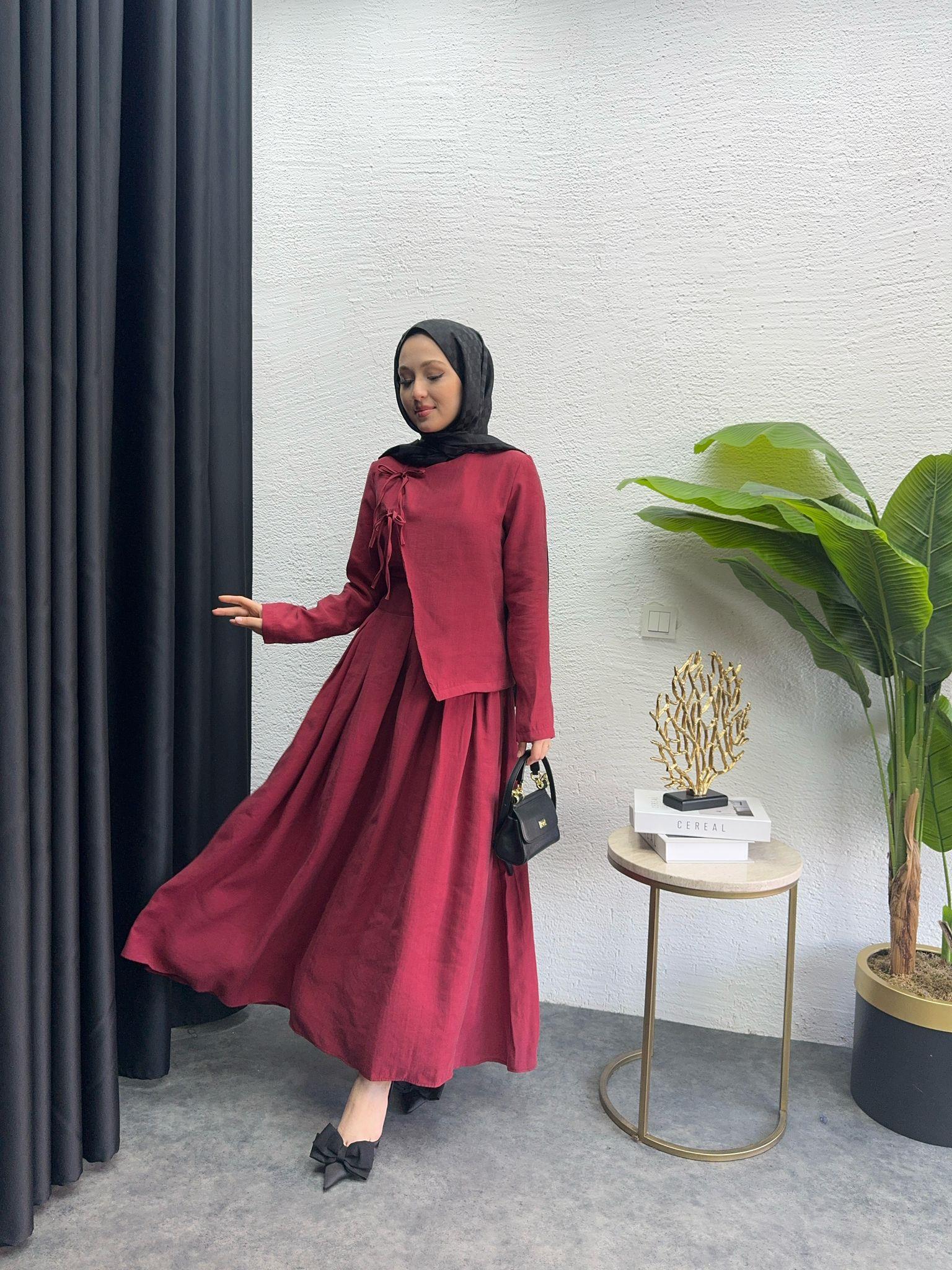 Asymmetric Bow Linen Skirt Set Burgundy