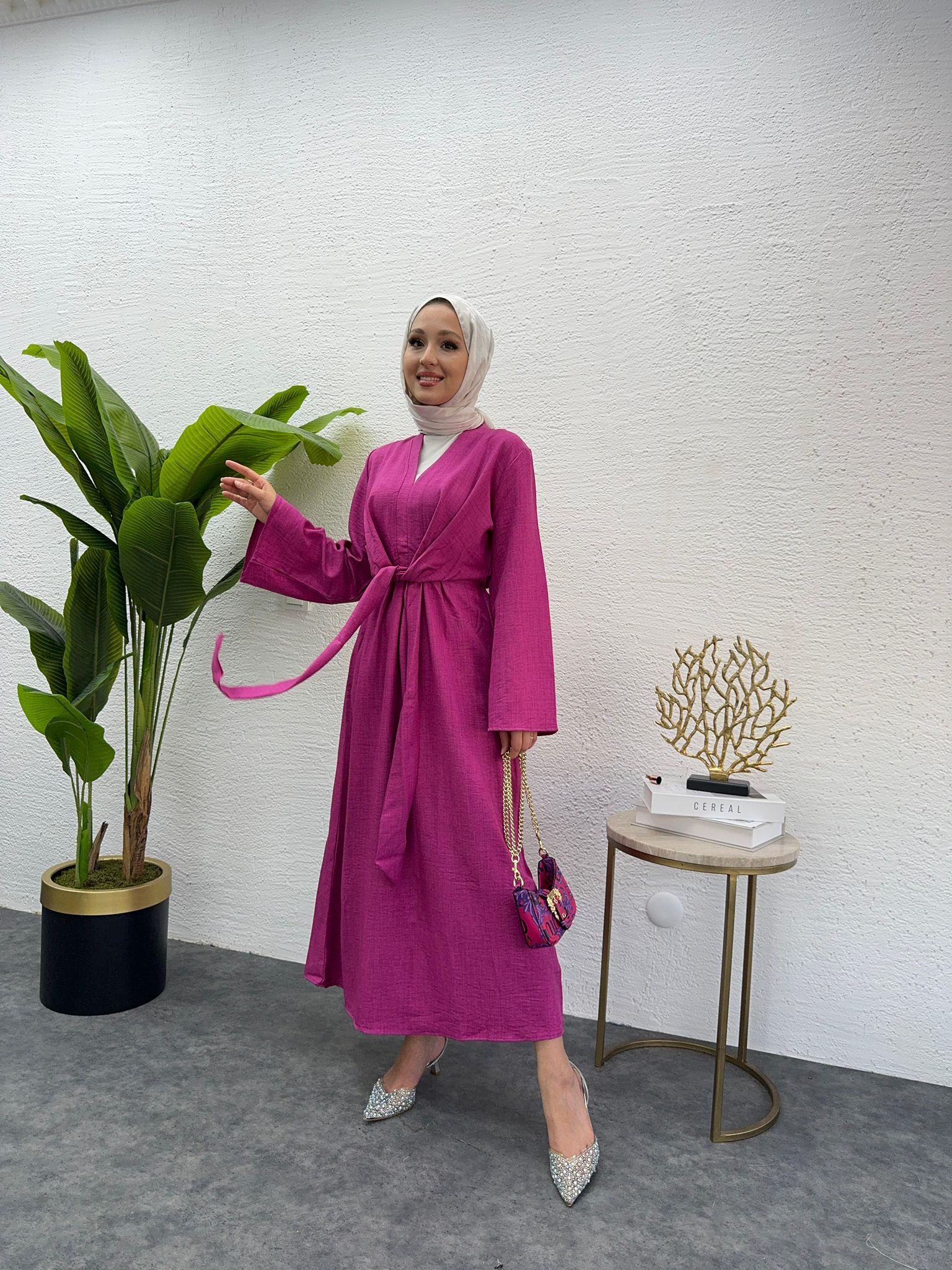 MEYSADESIGN ELBİSELER Bağlamalı Keten Elbise Fuşya