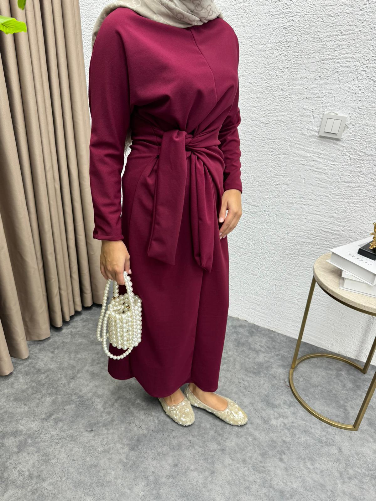 Waist-Tie Dress Crepe Dress Burgundy