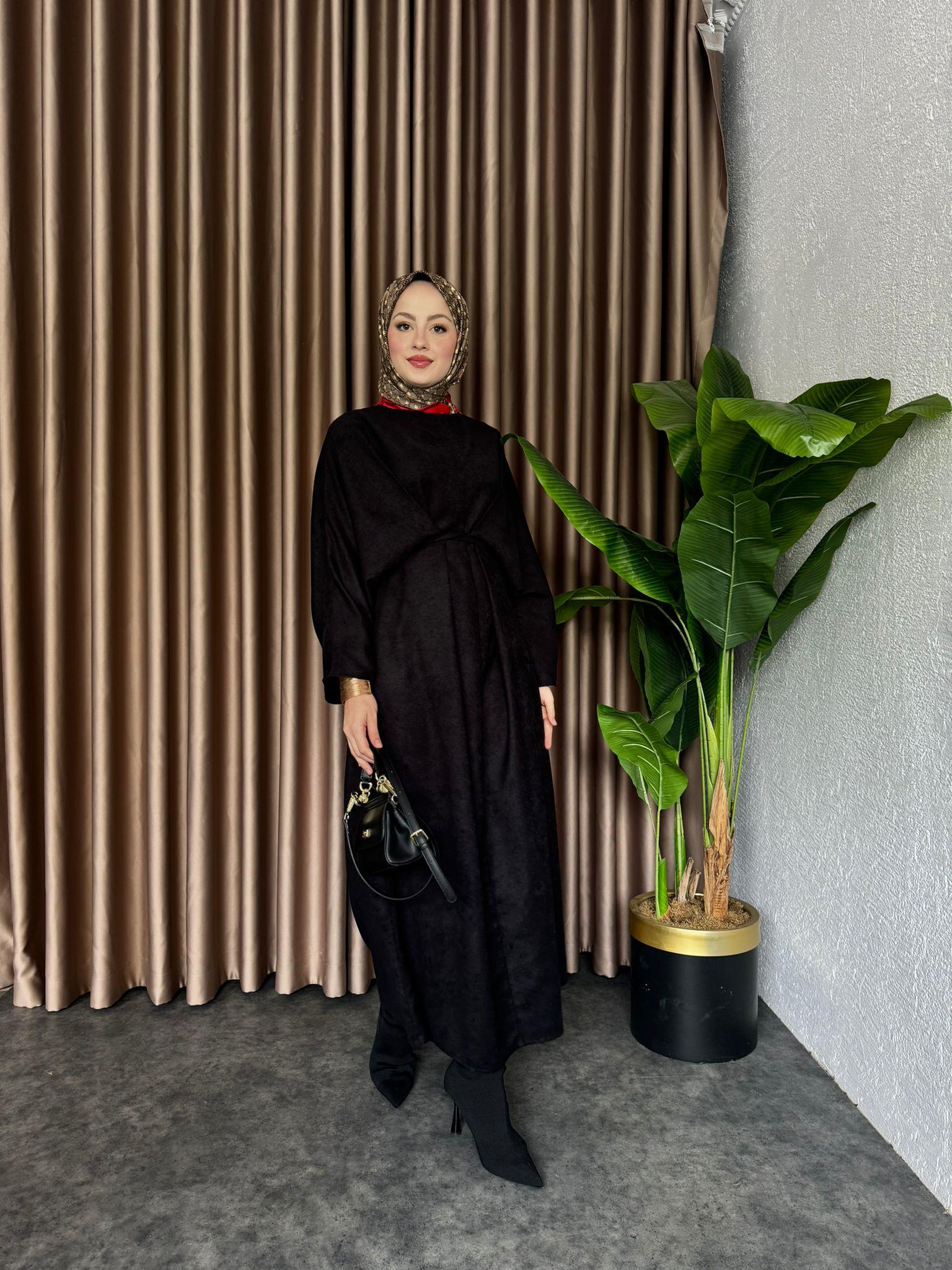 Waist-Tie Dress Suede Dress Black