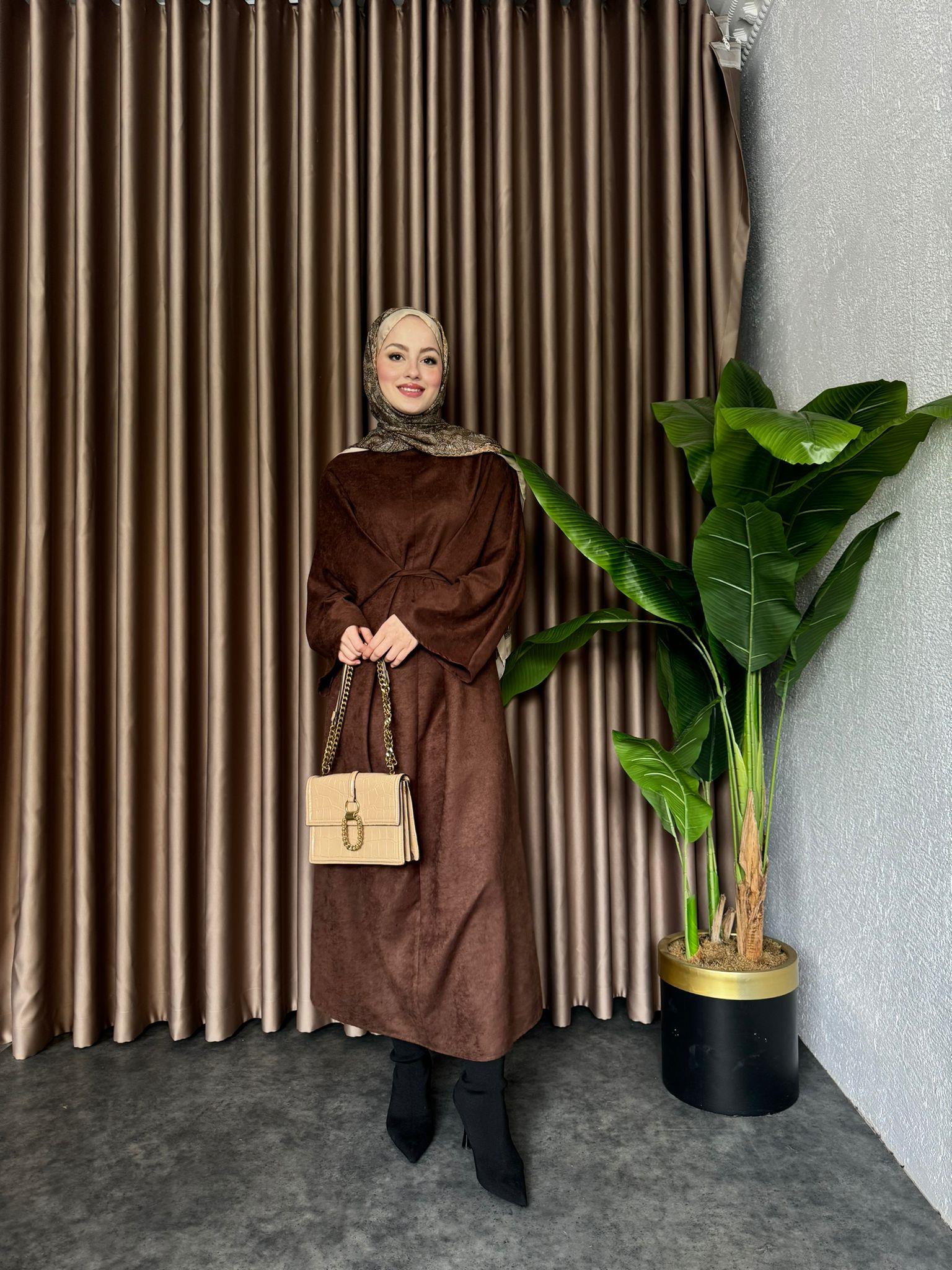 Beli Bağlamalı Süet Elbise Kahve