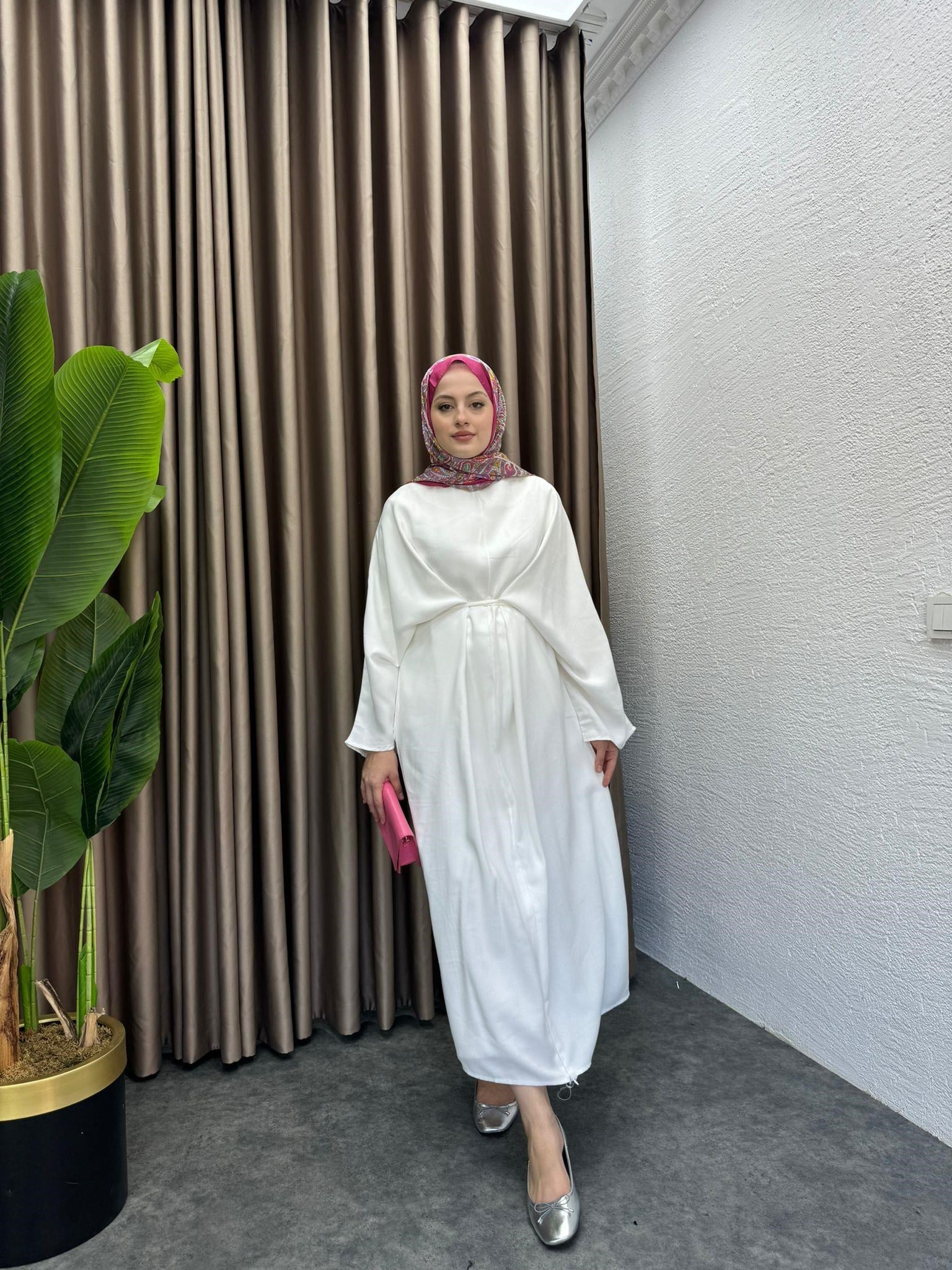 MEYSADESIGN ELBİSELER Beli Bağlamalı Tensel Elbise Beyaz