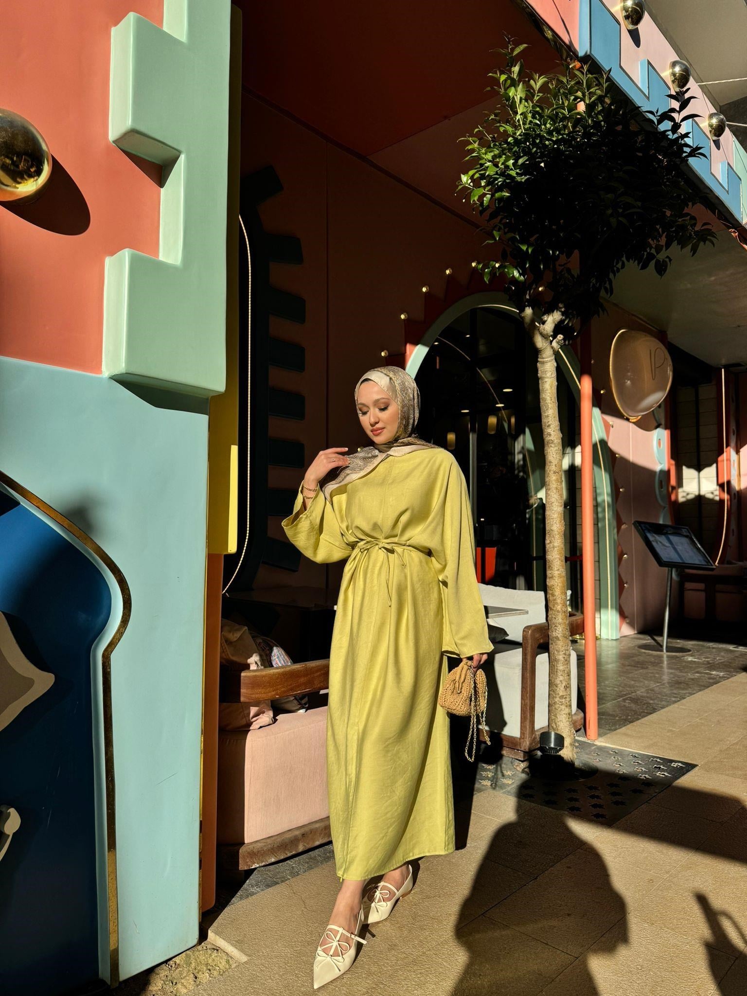 MEYSADESIGN ELBİSELER Beli Bağlamalı Tensel Elbise Yag Yeşili