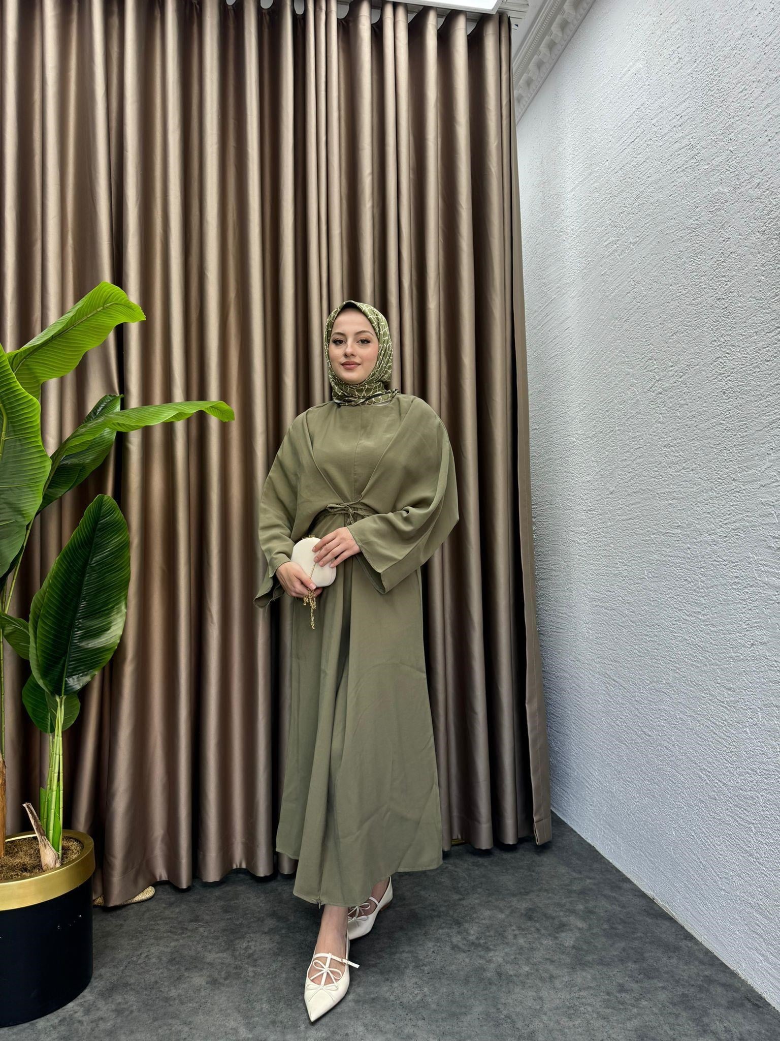 MEYSADESIGN ELBİSELER Beli Bağlamalı Tensel Elbise Haki