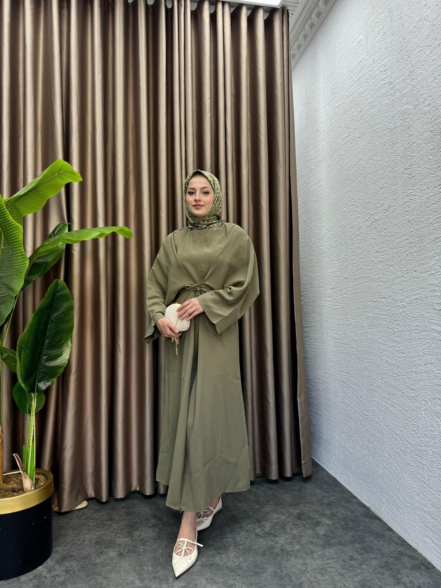 MEYSADESIGN ELBİSELER Beli Bağlamalı Tensel Elbise Haki