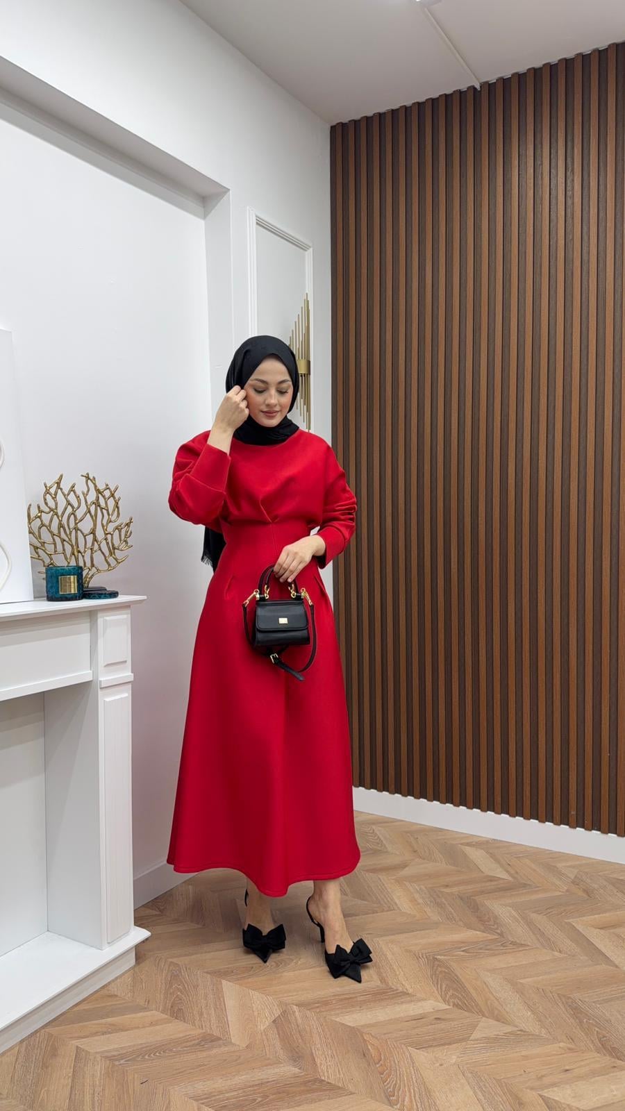 Waist Dart Puff Scuba Fabric Dress Red