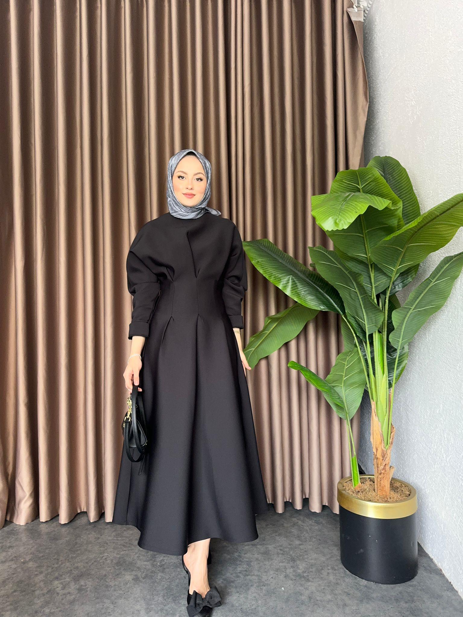 Waist Dart Puff Scuba Fabric Dress Black