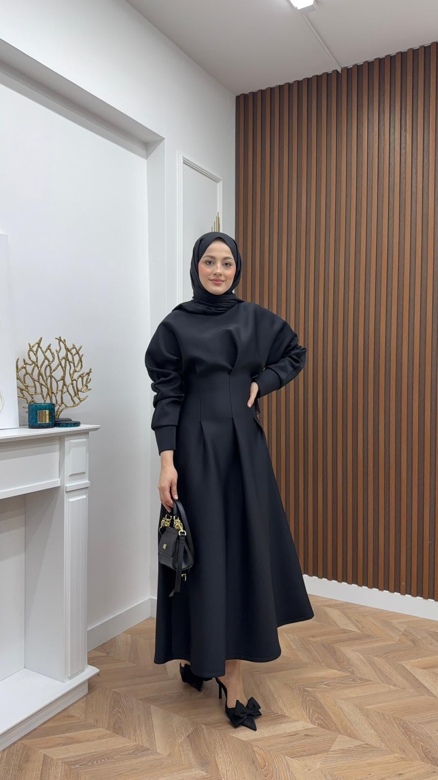 Waist Dart Puff Scuba Fabric Dress Black