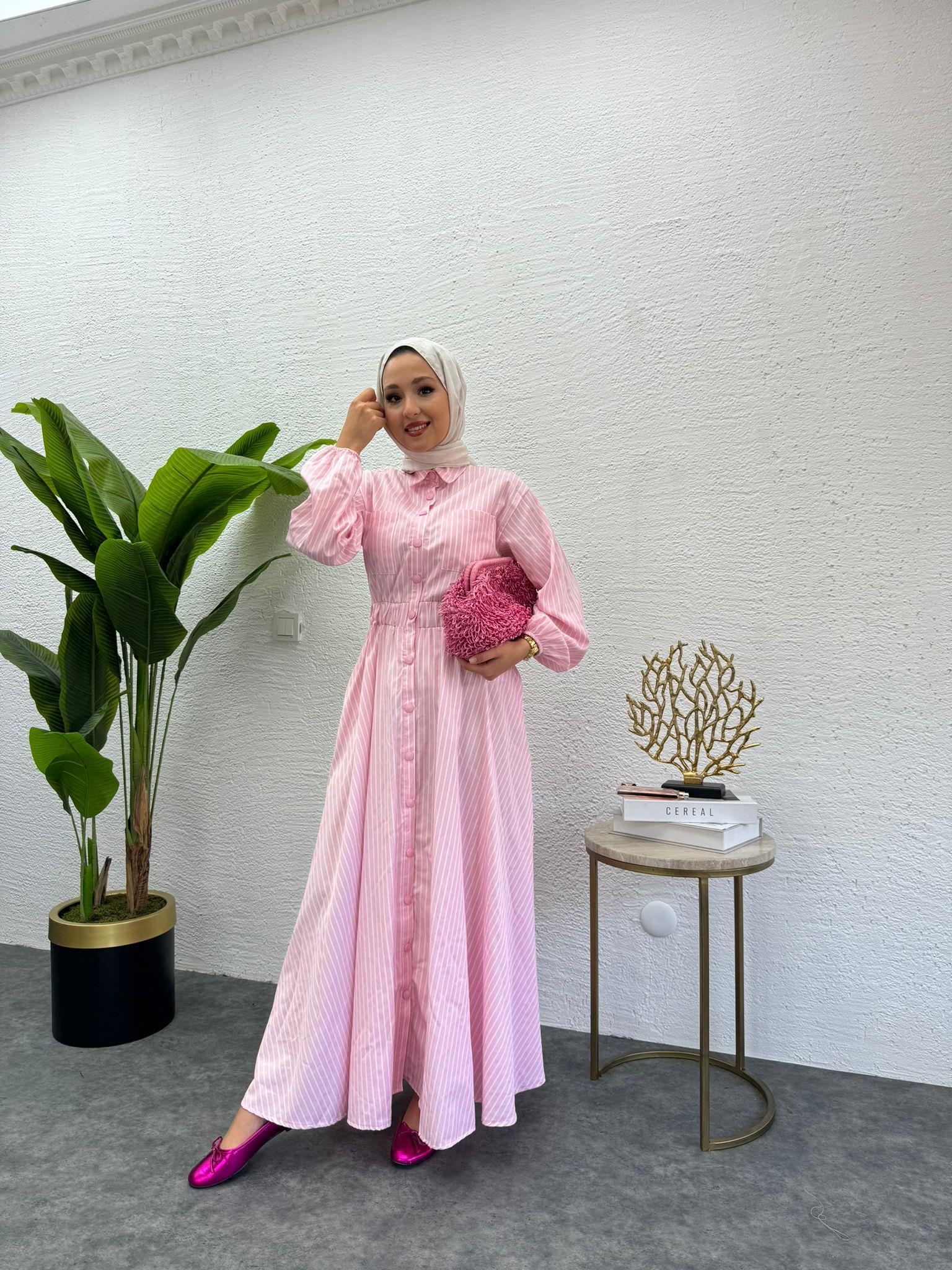 MEYSADESIGN ELBİSELER Çizgili Muadil Elbise Pembe