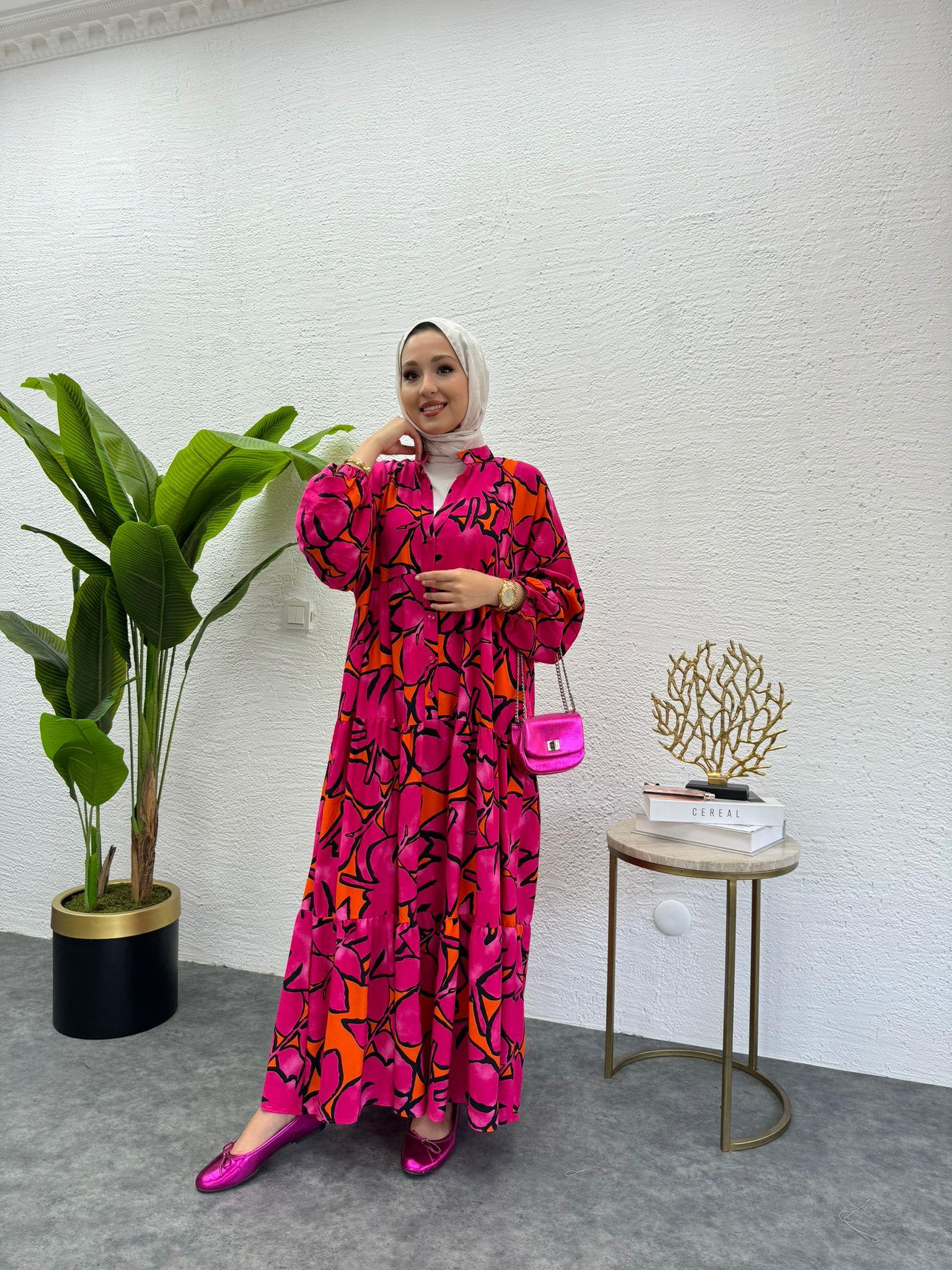 MEYSADESIGN ELBİSELER Desenli Viskon Elbise Fuşya