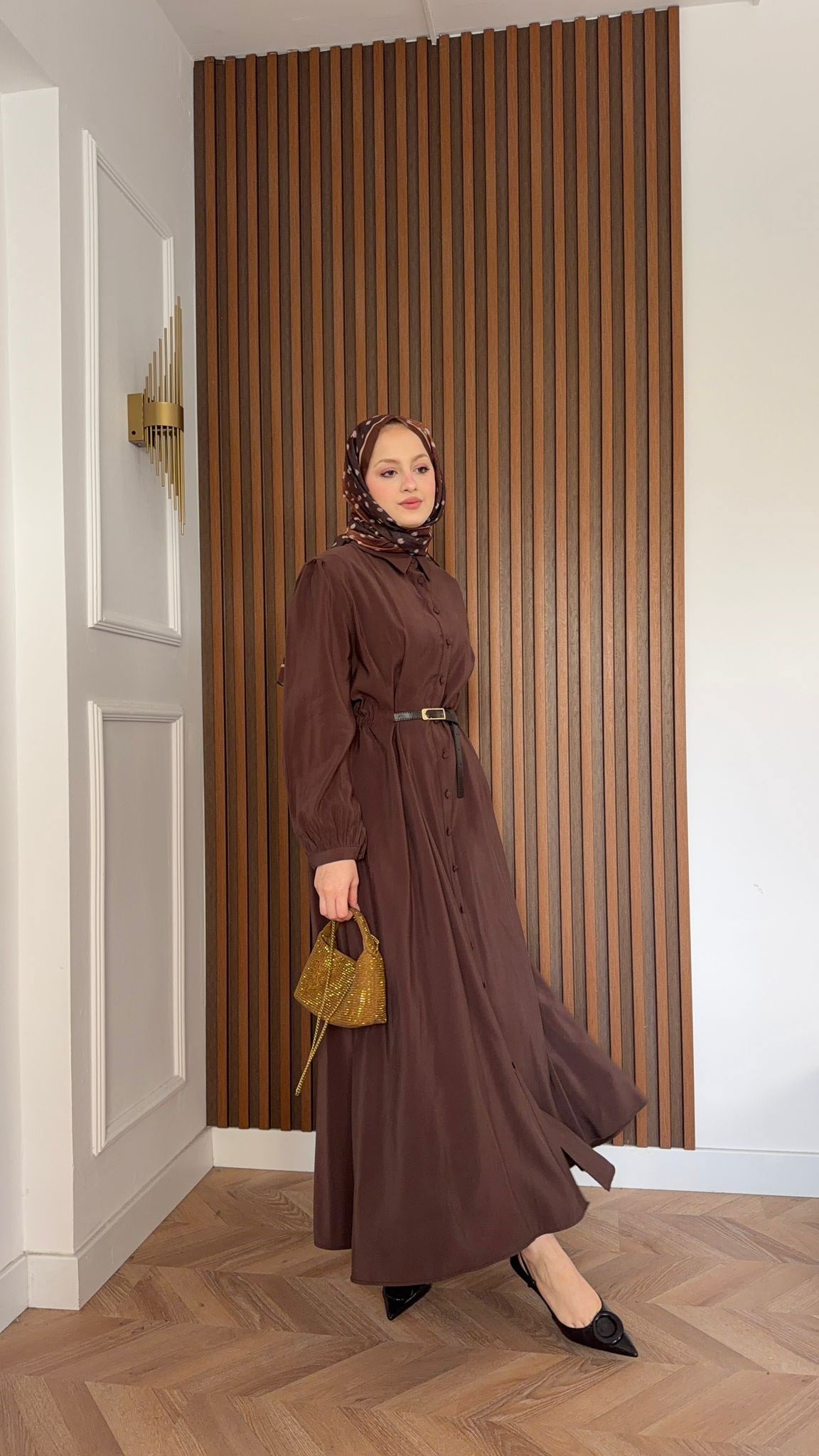 MEYSADESIGN ELBİSELER Dora Beli Kemerli Tensel Elbise Acı Kahve