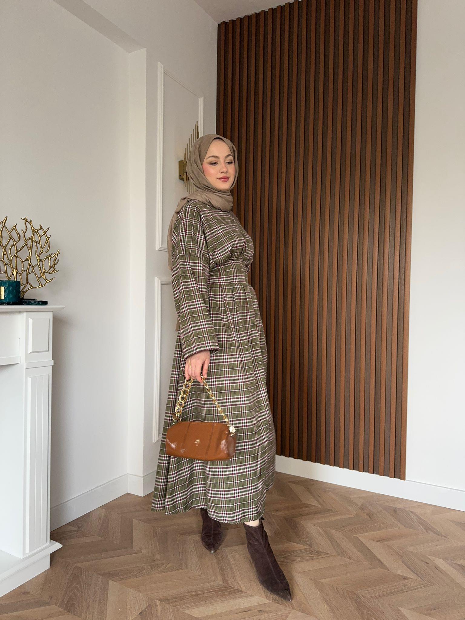 Plaid Patterned Waist Dart Dress Khaki