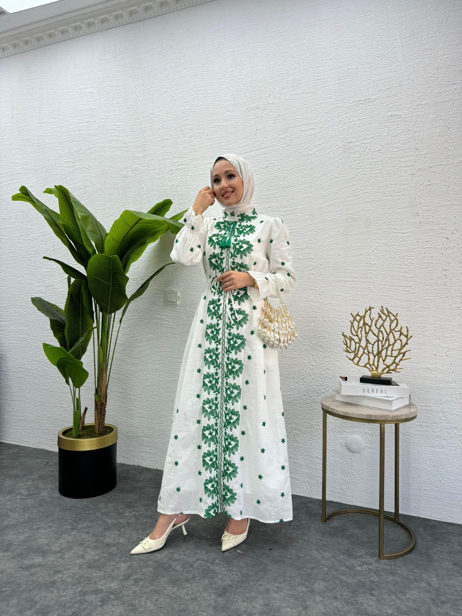 Ethnic Patterned Embroidered Linen Dress Green