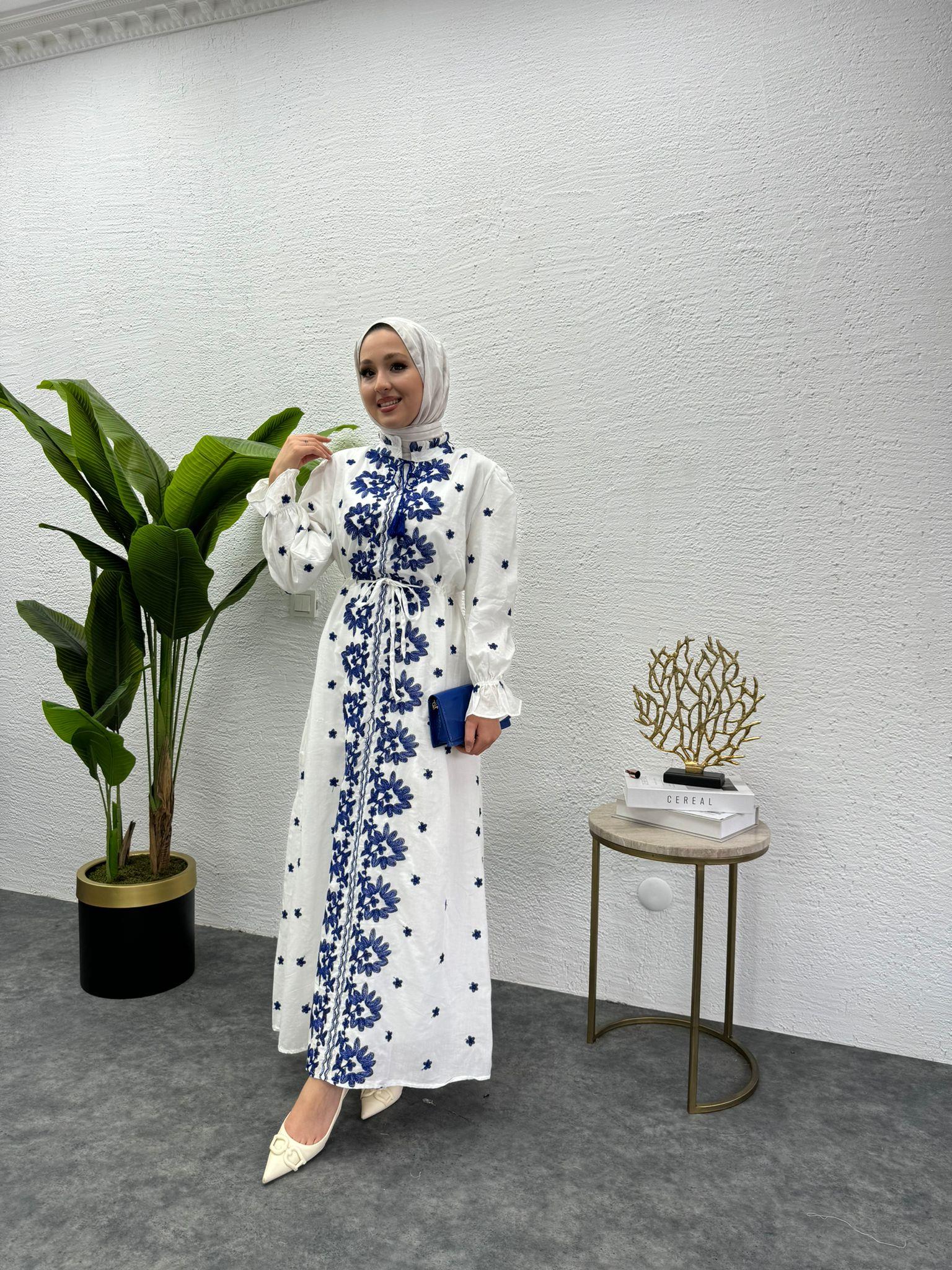 MEYSADESIGN ELBİSELER Etnik Desen İşlemeli Keten Elbise Mavi