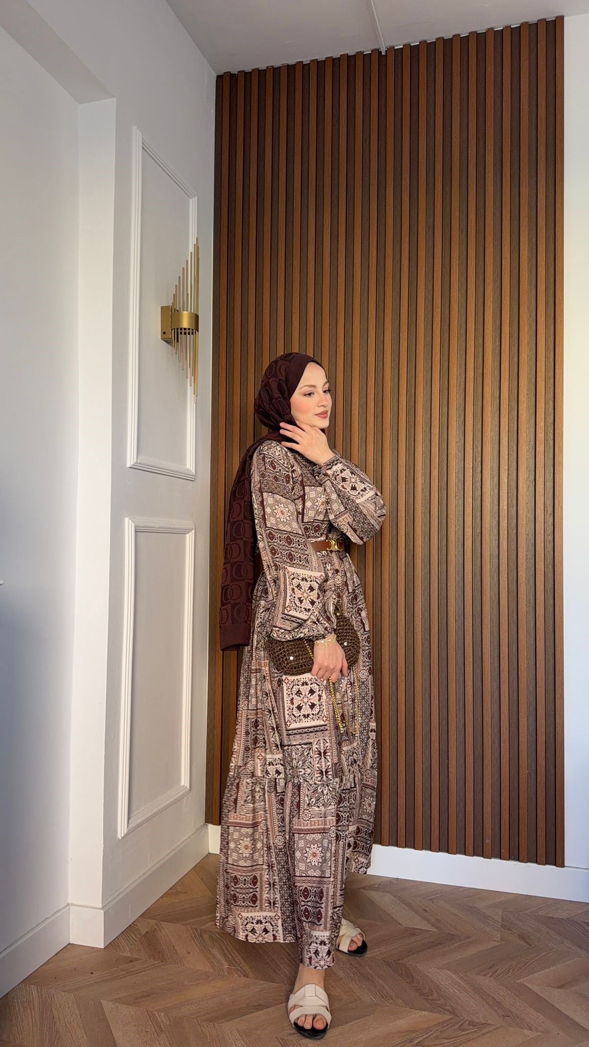 MEYSADESIGN ELBİSELER Etnik Desenli Pamuk Viskon Elbise Kahve