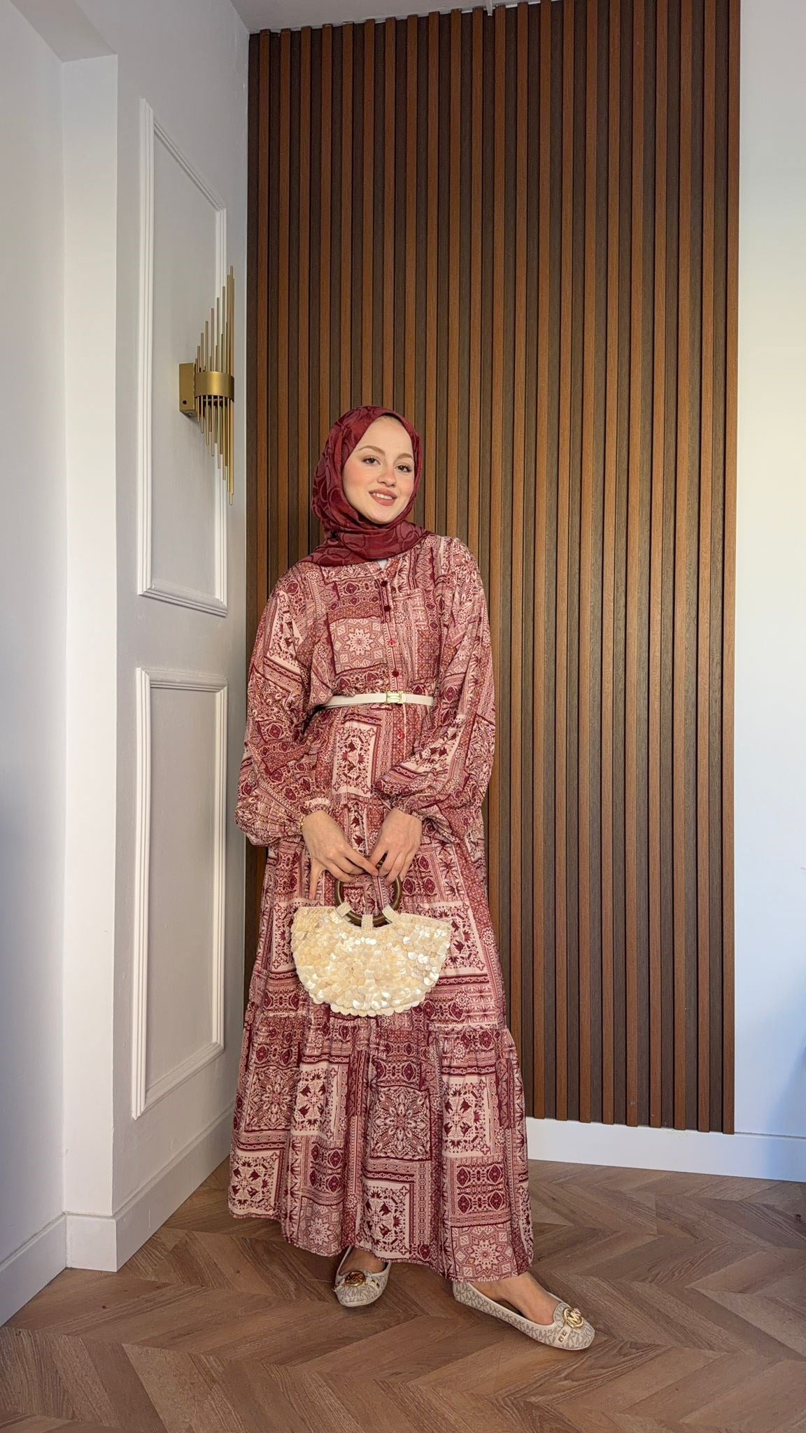 MEYSADESIGN ELBİSELER Etnik Desenli Pamuk Viskon Elbise Bordo