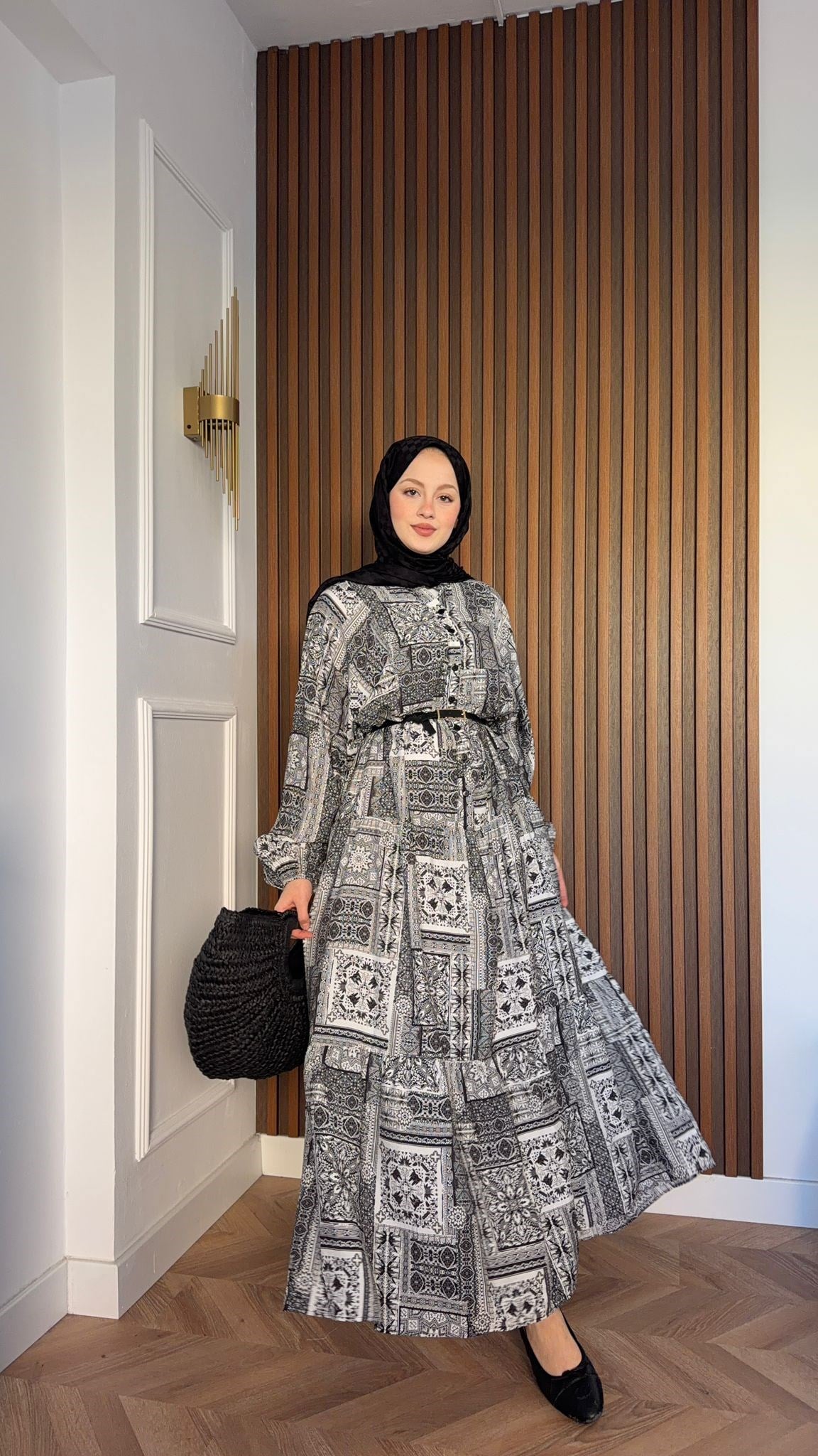 MEYSADESIGN ELBİSELER Etnik Desenli Pamuk Viskon Elbise Siyah