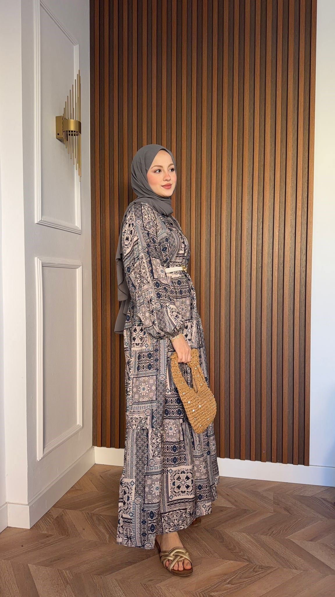 MEYSADESIGN ELBİSELER Etnik Desenli Pamuk Viskon Elbise Mavi