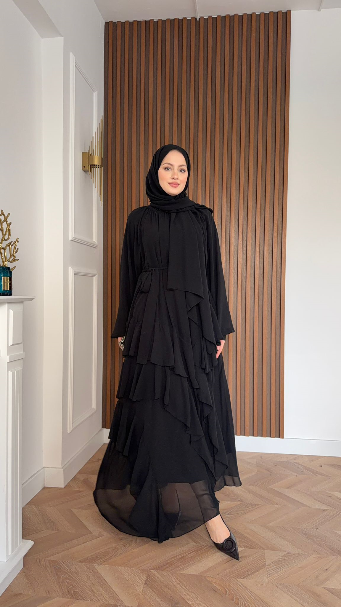 MEYSADESIGN DRESSES Feza Kat Detaylı Şifon Şallı Elbise Siyah