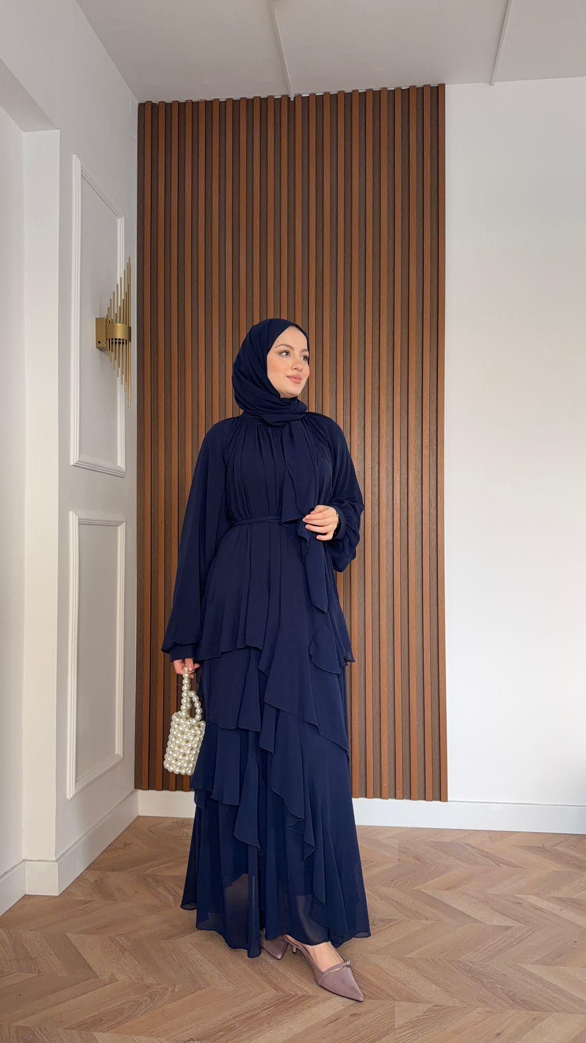 MEYSADESIGN DRESSES Feza Kat Detaylı Şifon Şallı Elbise Lacivert